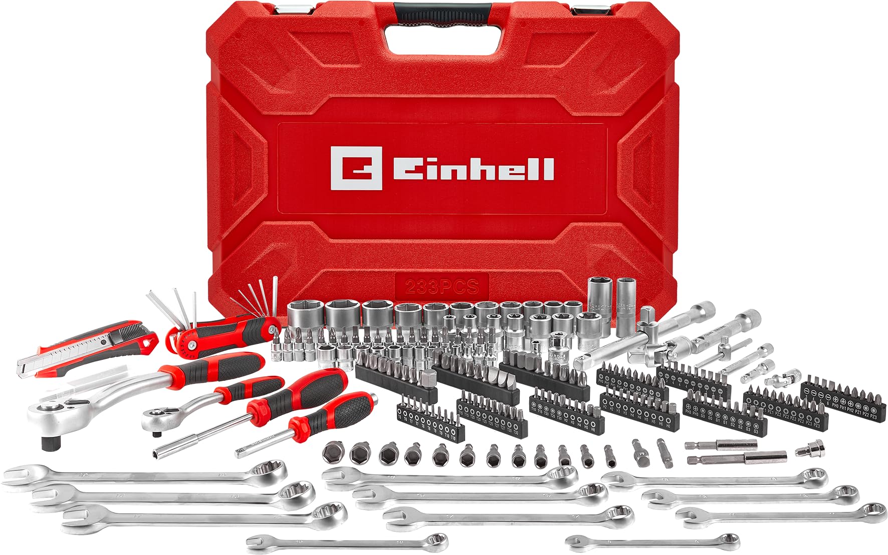 Einhell - Maletín de herramientas de 233 piezas (trinquetes, llaves combinadas, juego de brocas, enchufes, extensiones, uso versátil, compatibilidad de máquinas)