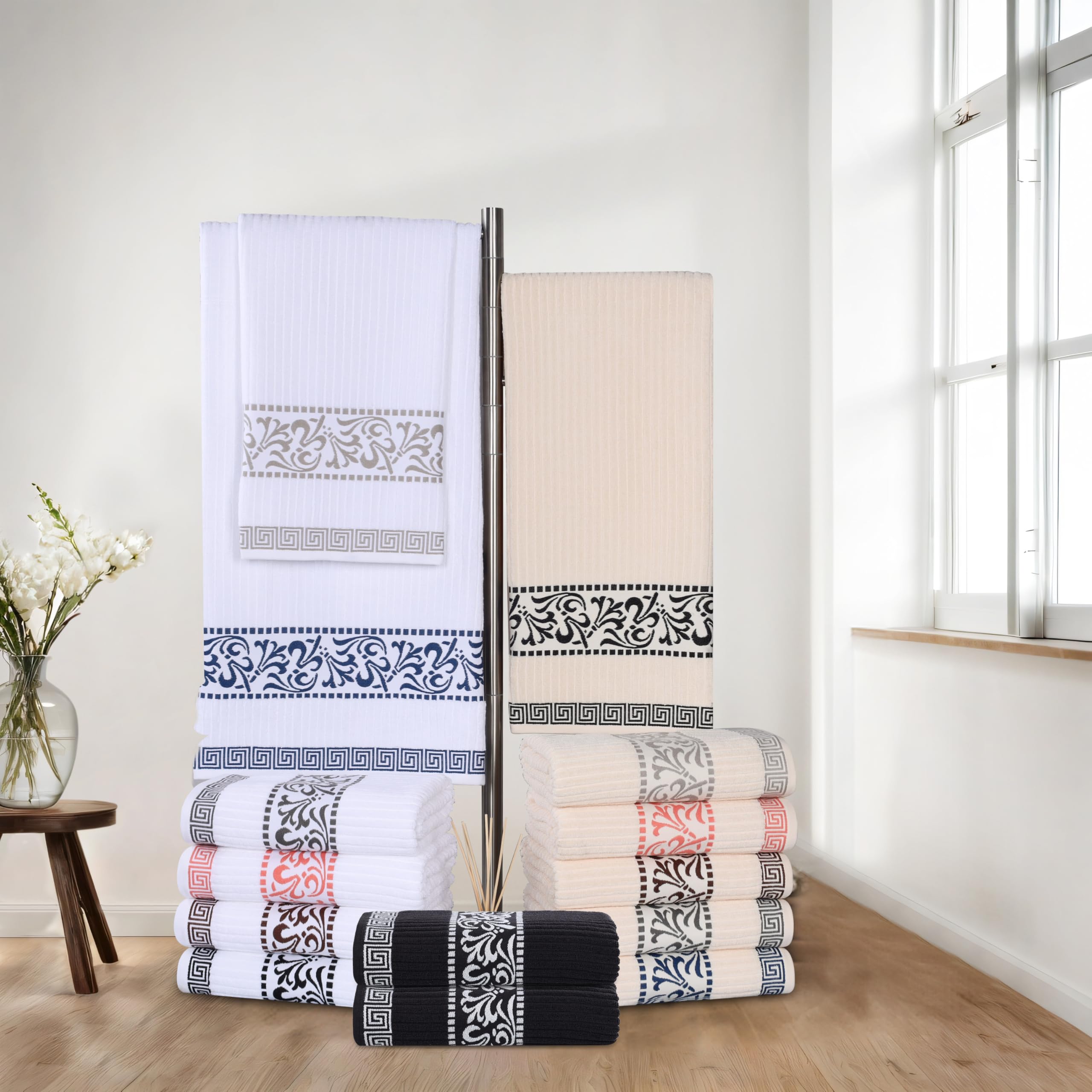 Superior Set di 8 asciugamani in cotone, motivo greco, elementi essenziali per la casa, assorbenti, arredo bagno, spa, include 2 asciugamani per mani, 2 viso e 4 asciugamani da bagno, collezione