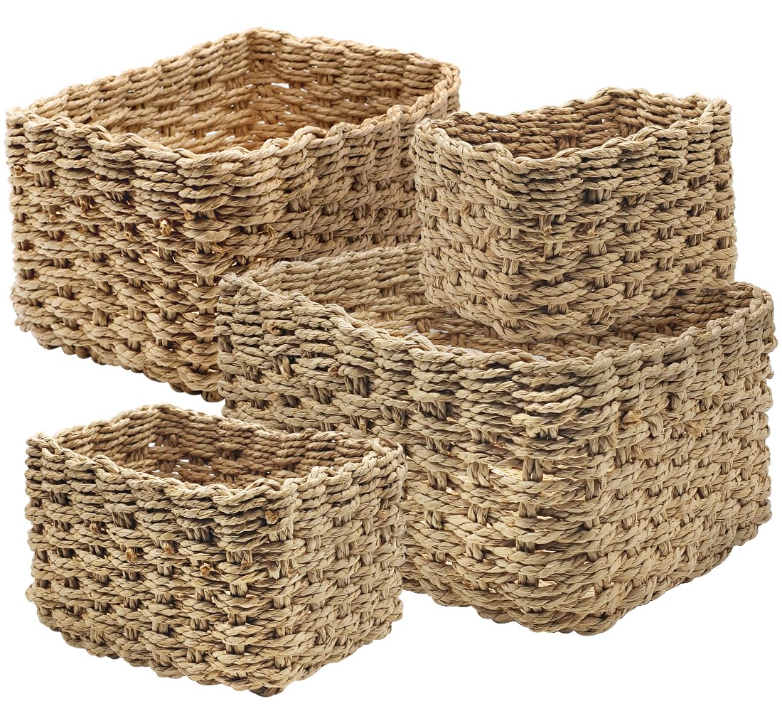 Paniers de Rangement en Osier Tissé, Lot de 4 Paniers de Rangement Tissés pour Salle de Bain - Naturel Rangement Empilables Panier pour Salon, Chambre D'enfant, Salle de Bain - Différentes Tailles