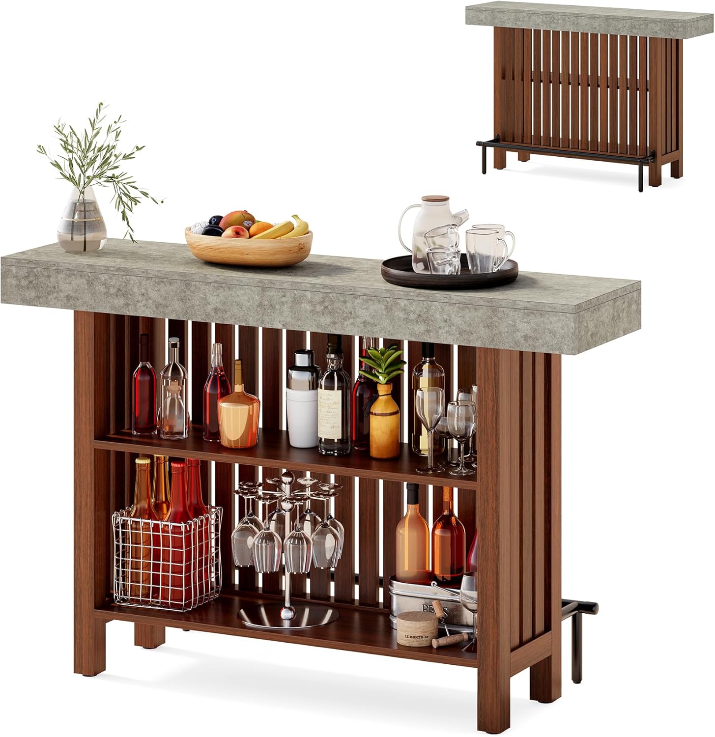 LITTLE TREE 63-Inch Home Bar Table, 2-Tier Storage Shelf Mini Bar Unit, Kitchen Pub Table, Small Indoor Bar Counter, Grey + Rustic Brown