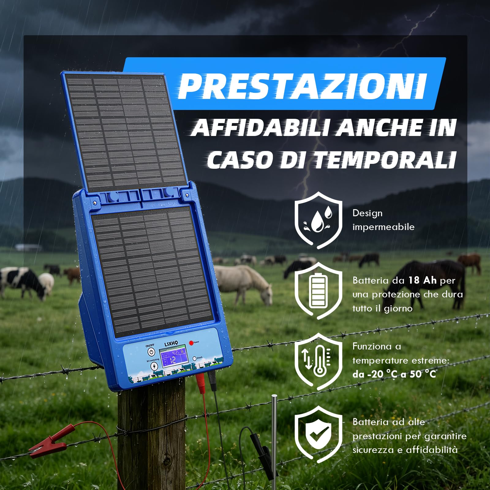 Recinto Elettrico Solare 12V 32KM, Elettrificatore per Recinti Impermeabile con Batteria al Litio 18Ah, 0.3-2J, 6KV-12KV Regolabile, Pannello Solare 8W, per Grandi e Piccoli Animali (Blu)