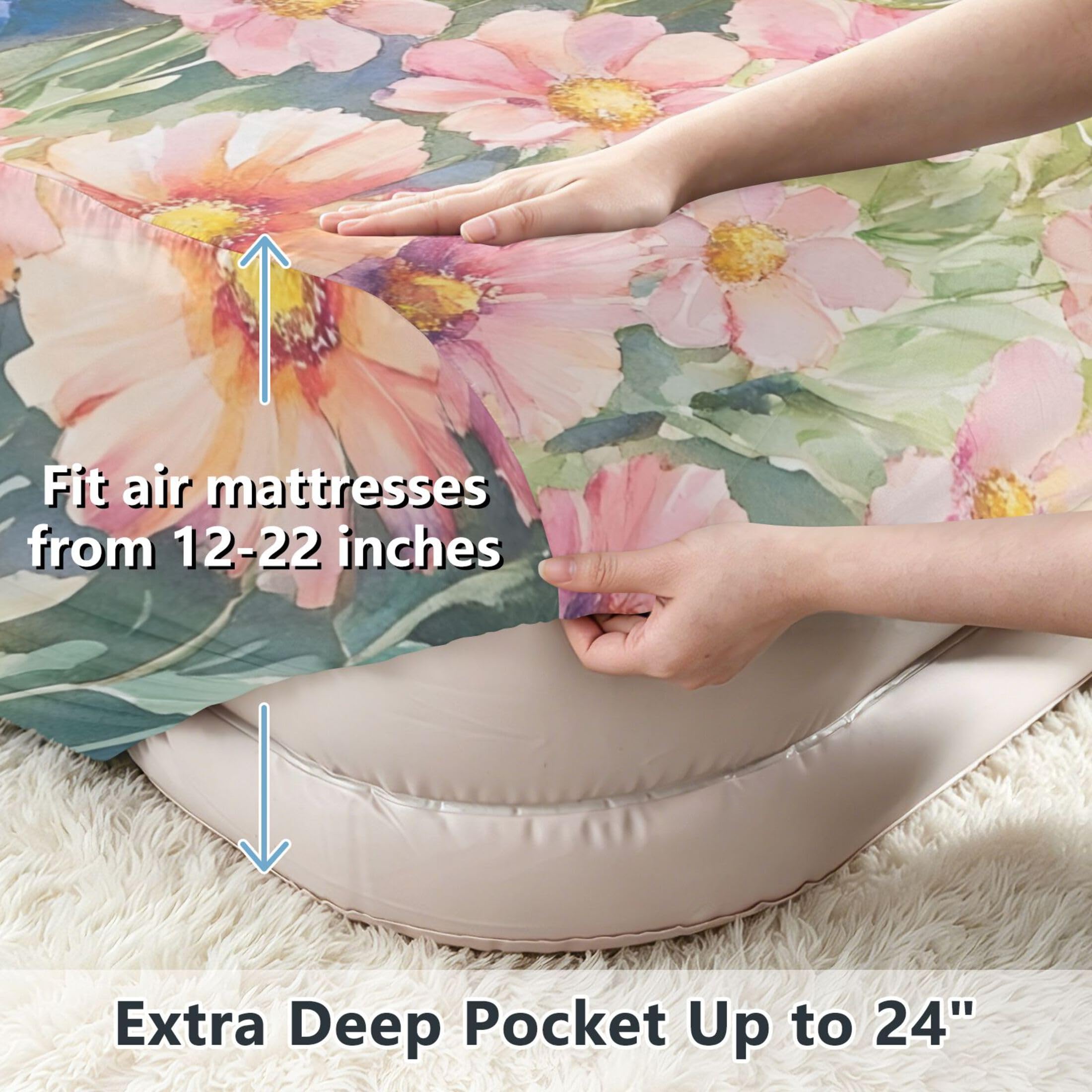Sábana bajera ajustable de flores silvestres de acuarela para colchón de aire, bolsillo extra profundo de 24 pulgadas, funda suave y transpirable con apertura de válvula de cremallera para