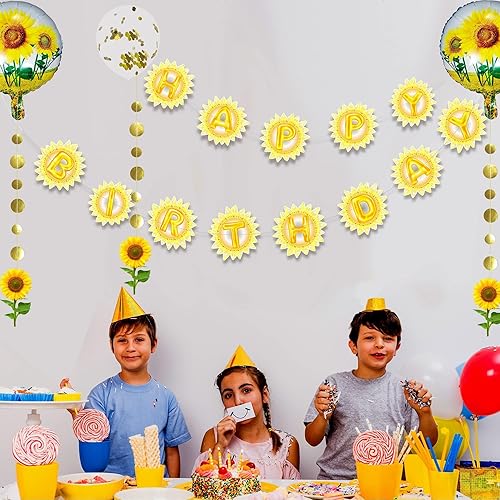Miniatura 2 de Cheerland Cartel de feliz cumpleaños de girasoles para decoración de fiesta de cumpleaños, guirnalda de girasoles para niños, suministros de fiesta