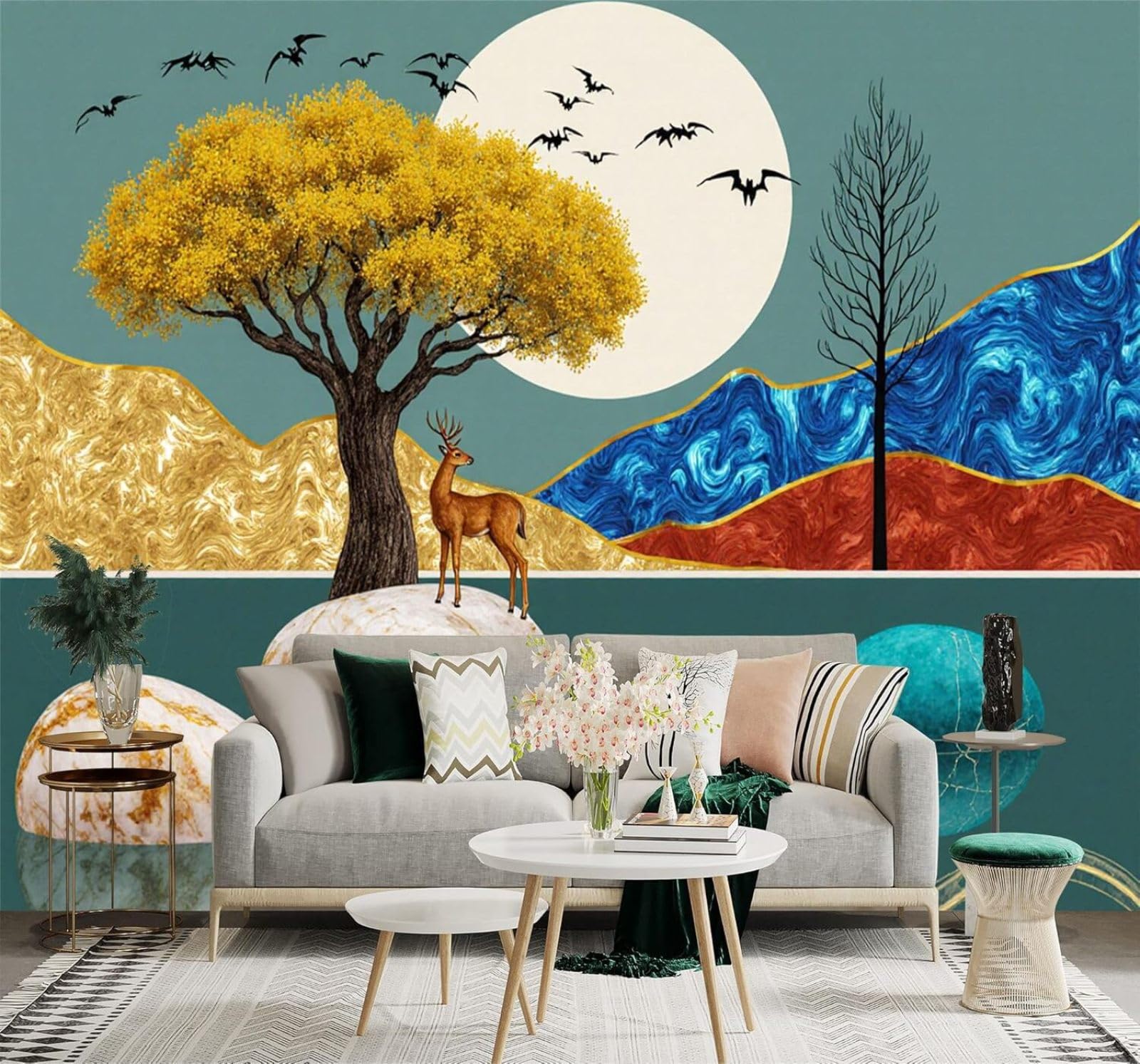 Tzxztt 400Cm×280Cm(B×H) Golden Trees Deer Moon Colourful Mountains Modern 3D Wallpaper Premium Textured Silk Neutral Tones Material Ideal For Living Room Bedroom-400Cm×280Cm