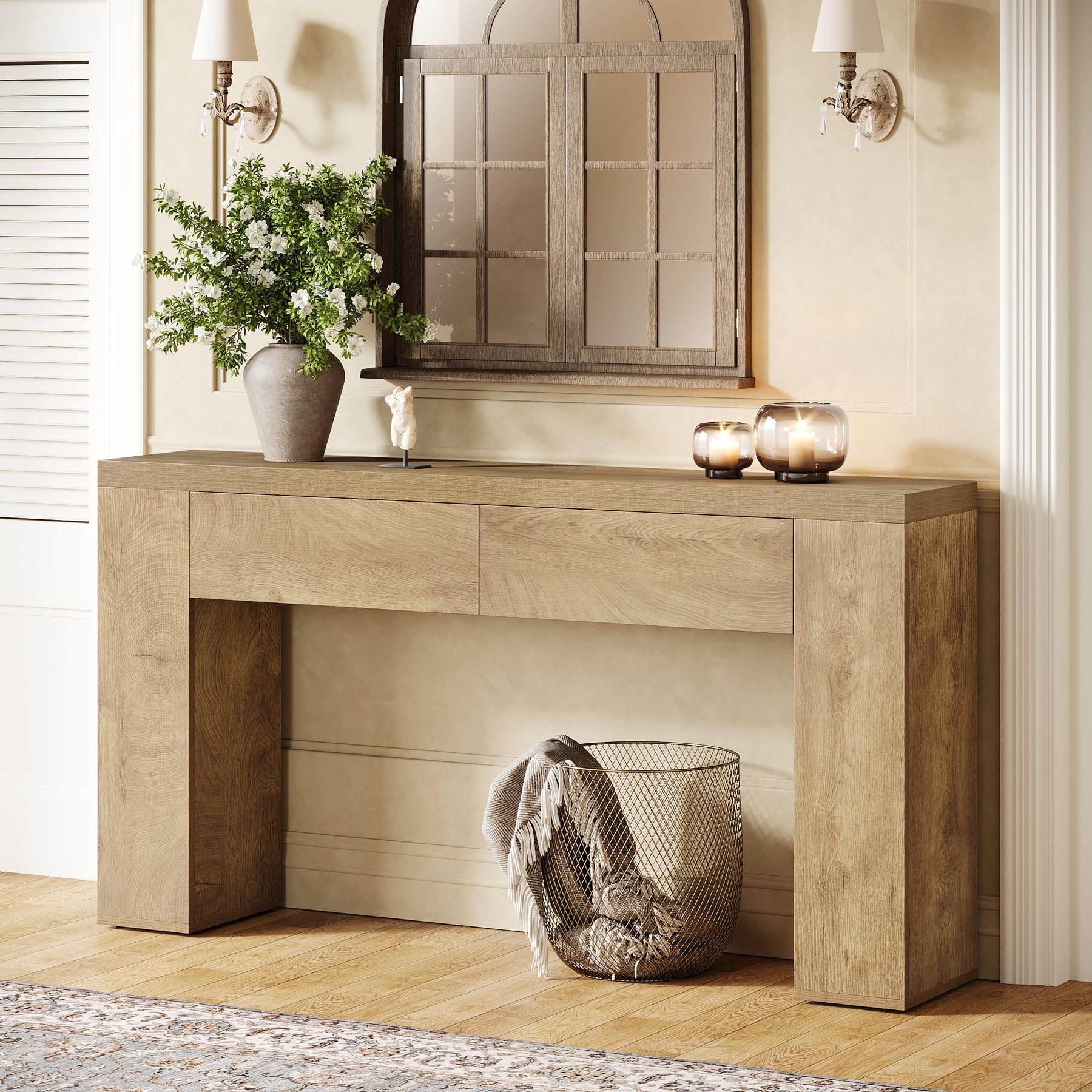 Tribesigns Tavolo consolle da 160 cm con 2 cassetti, tavolino da corridoio sottile con vano portaoggetti, moderno in legno dietro il divano, stile rustico, per corridoio, soggiorno, corridoio