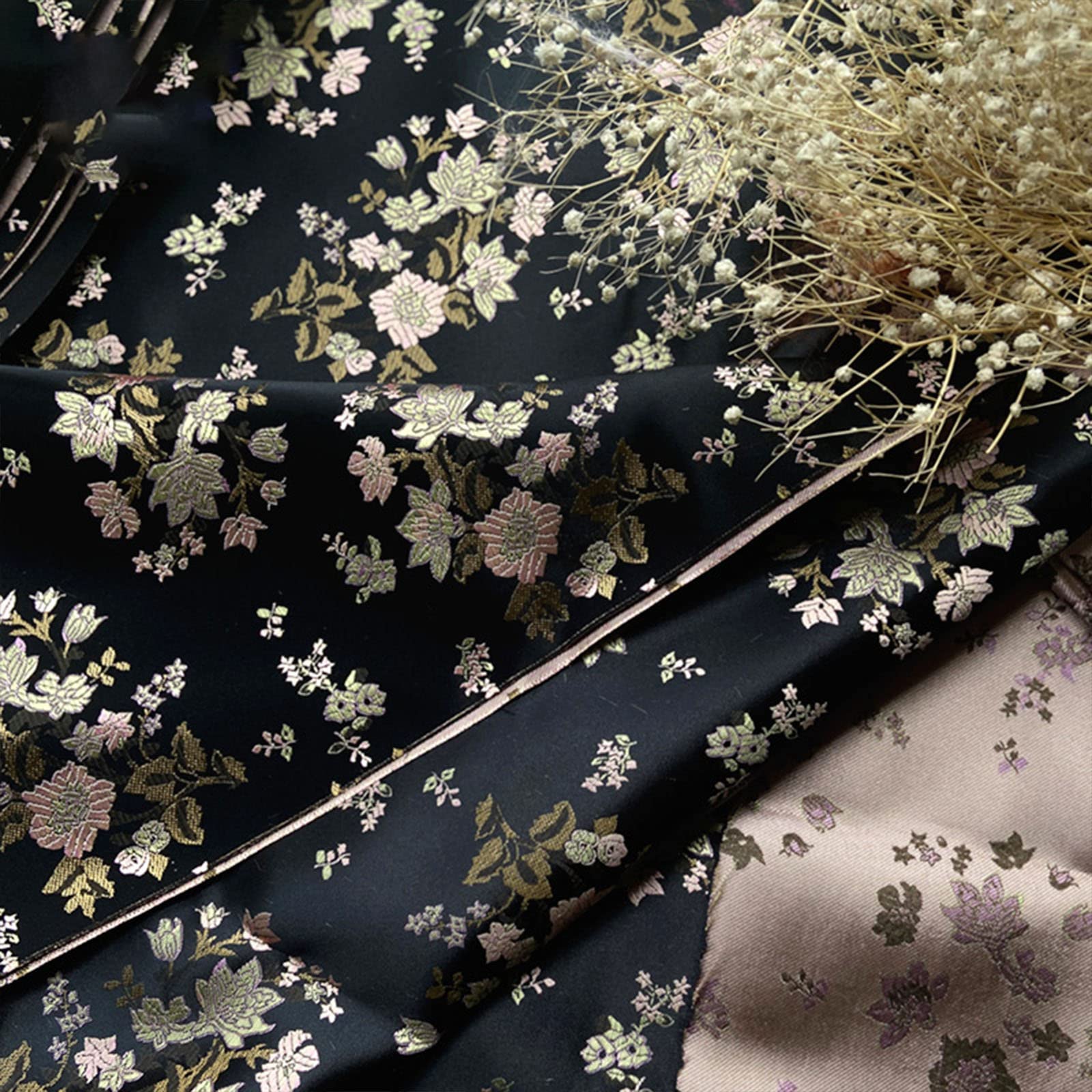 Tissu en satin de soie brocart à fleurs coupon pour couture nylon drapé noir
