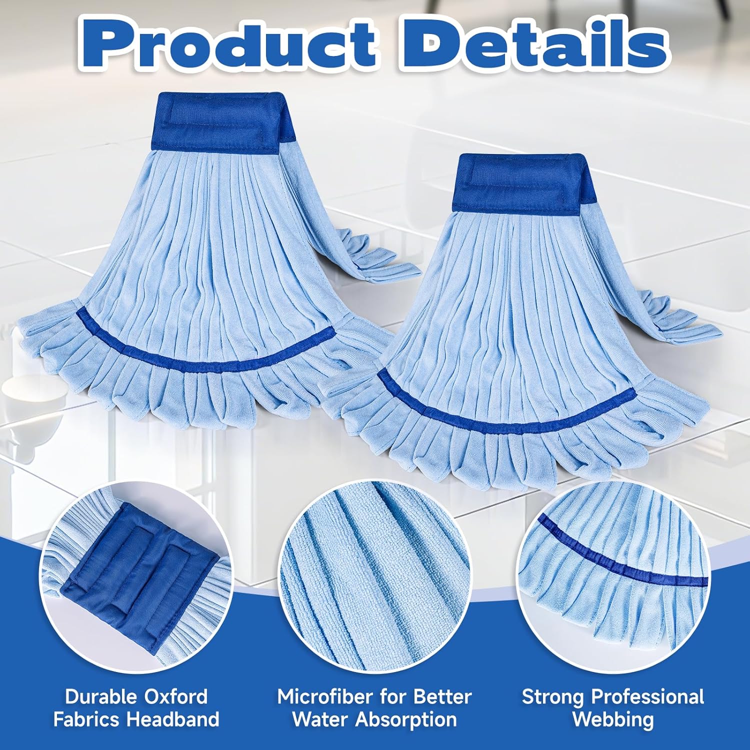 Large Microfiber Tube Mop Heads,Tube Wet Mop Refill (6 inch),Blue Heavy Duty Industrial Wet Mop Head Refill, Highly Absorbent,Commercial Mop Head Replacement,Machine Washable,Hardwood Floors(6)