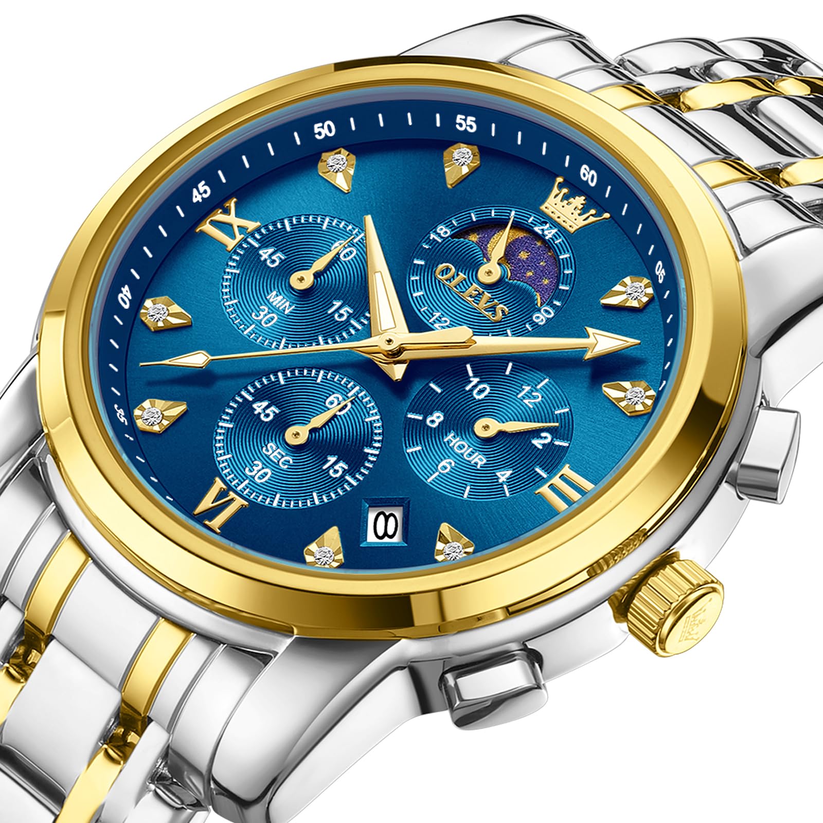 OLEVS Watches for Men Business Dress Multifunction Chronograph Analog Quartz Watch Luxury Diamond Stainless Steel Waterproof 30M Luminous Mens/Gentlemens Watch