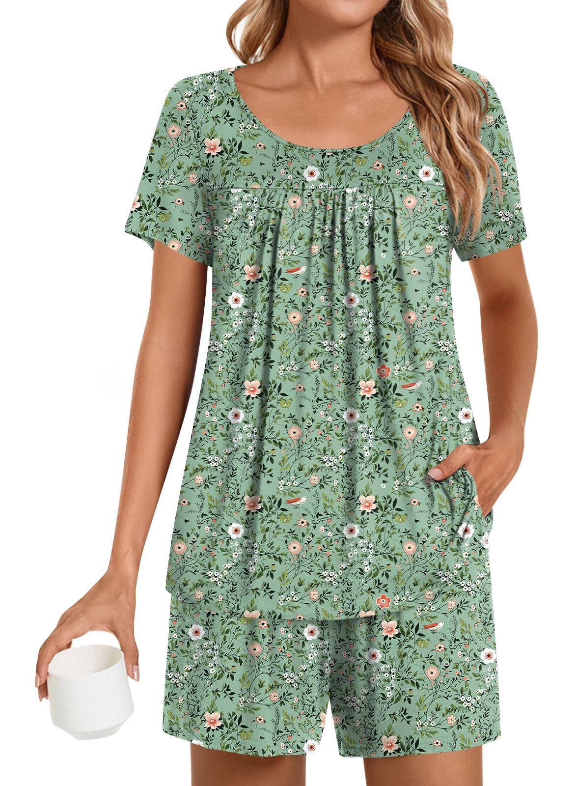 POPYOUNG Womens Pajama Sets Summer Short Sleeves 2 Piece Lounge Sleepwear Ladies Pjs Sets with Pockets