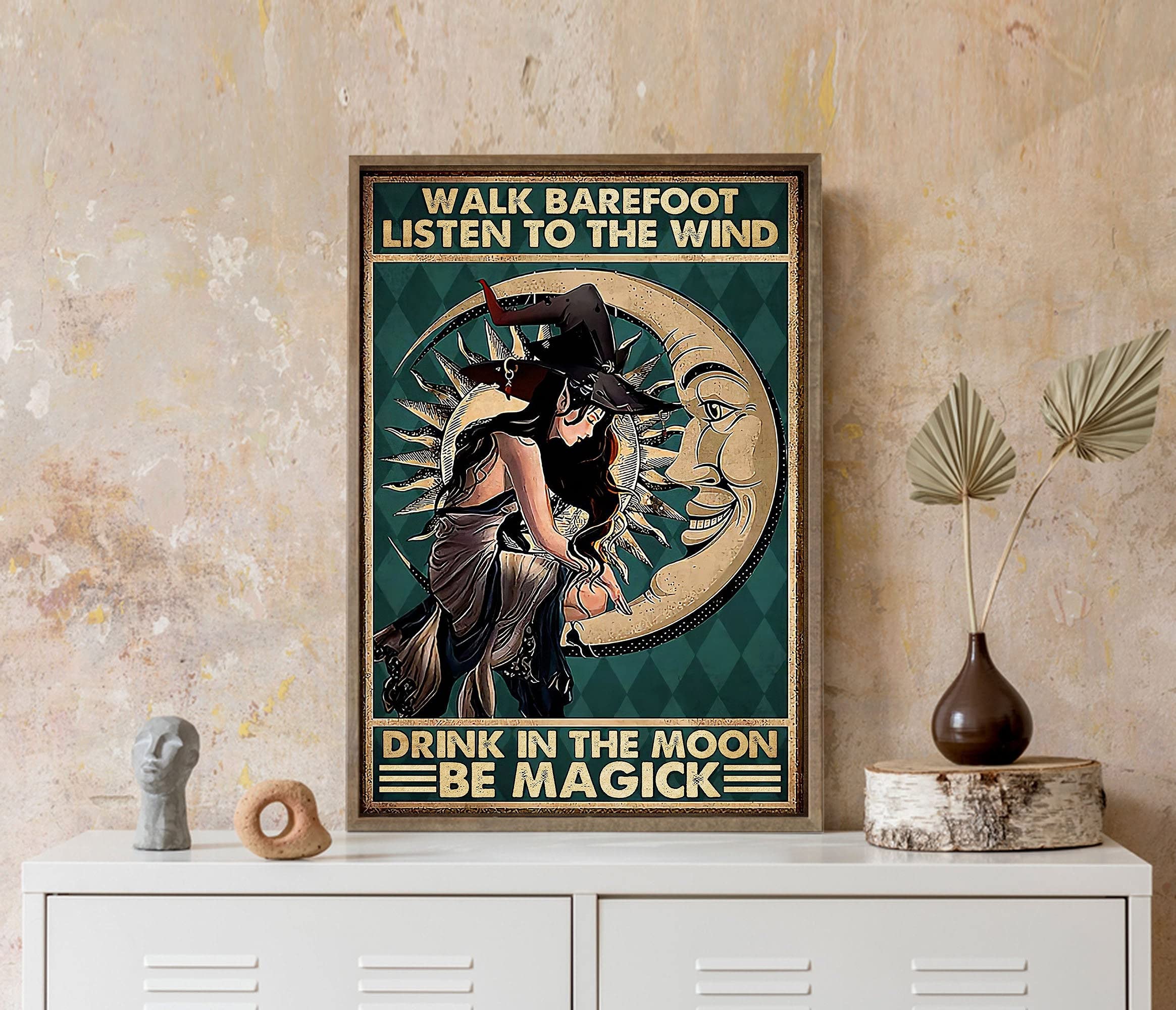 Witch Girl Walk Barefoot Listen to The Wind Drink Poster Retro Painting Tin Sign Street Garage Family Farm Wall Decoration Crafts Metal Tin Sign 8x12 Inch