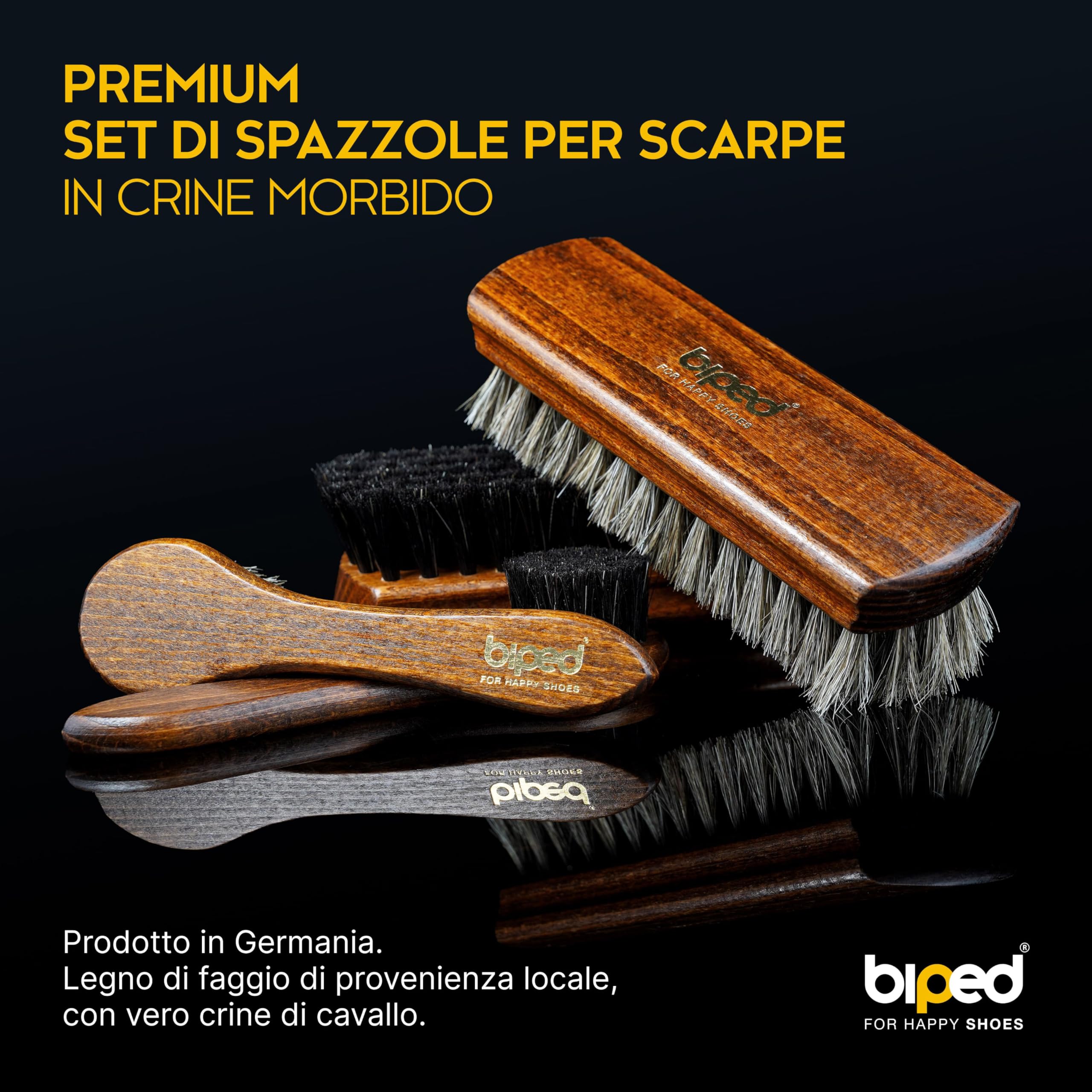 biped Set 4 spazzole per scarpe Classic in legno di faggio – 2 per applicare la crema + 2 per lucidare in crine di cavallo – kit completo per la cura delle scarpe in cofanetto z2487