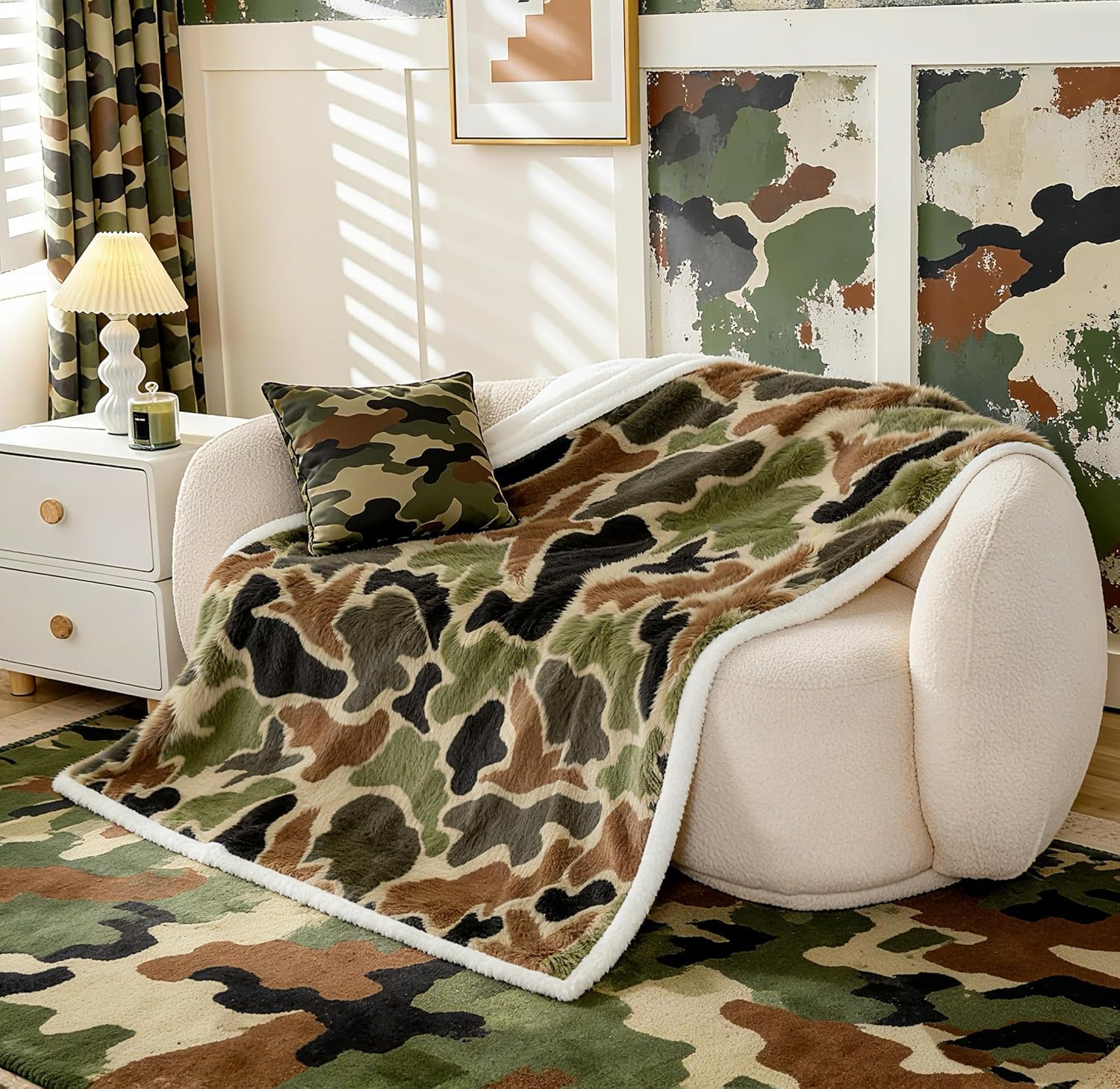 Loussiesd Duck Hunter Green Camouflage Hunting Fleece Throw Blanket King 87x94Inch Kids Black Brown Plush Blanket for Boys Teens Camo Army Sherpa Blanket Breathable Wild Fuzzy Blanket Room Decor — image 1