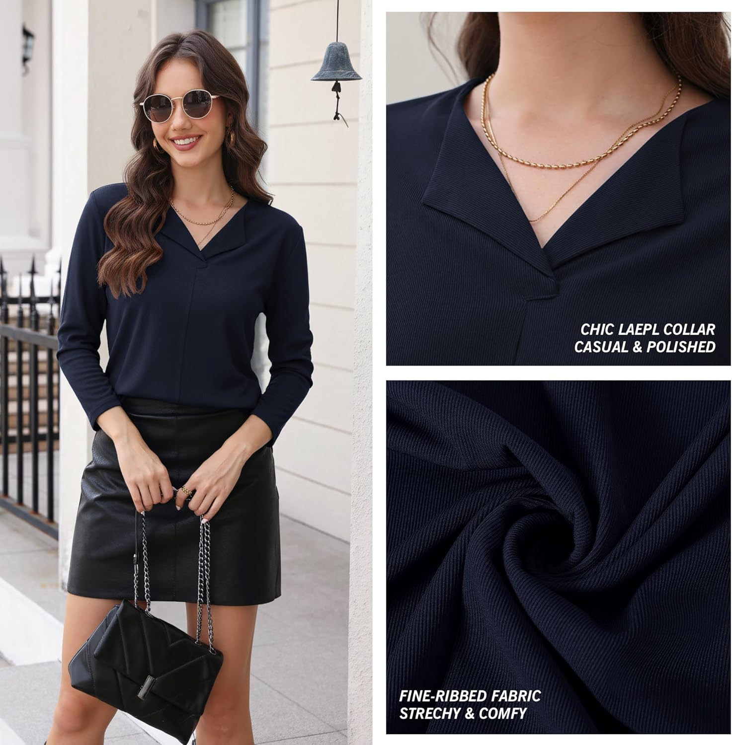 Women's Ribbed Long Sleeve Top Business Casual Collared Work Shirt Slightly Fitted Layering Tshirt - Image 5