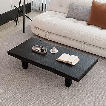 Modern Rectangle Coffee Table, Farmhouse Solid Wood Center Table, Contemporary Low Tea Table for Bedroom Home Office, Durable Natural Wood GrainBlack,80 * 45cm/31.5 * 17.7in