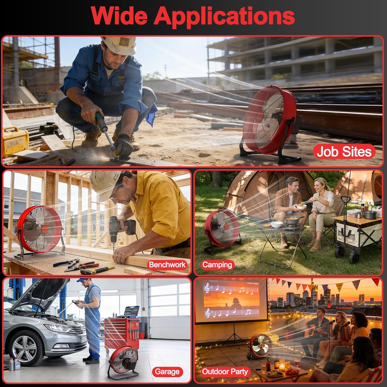 T-SUN 12" Battery Power Floor Fan Compatible with Milwaukee Battery, Portable Fan with AC Adapter and USB Output, Stepless Speed Cordless Fan, Metal High Velocity for Jobsite Outdoor Camping