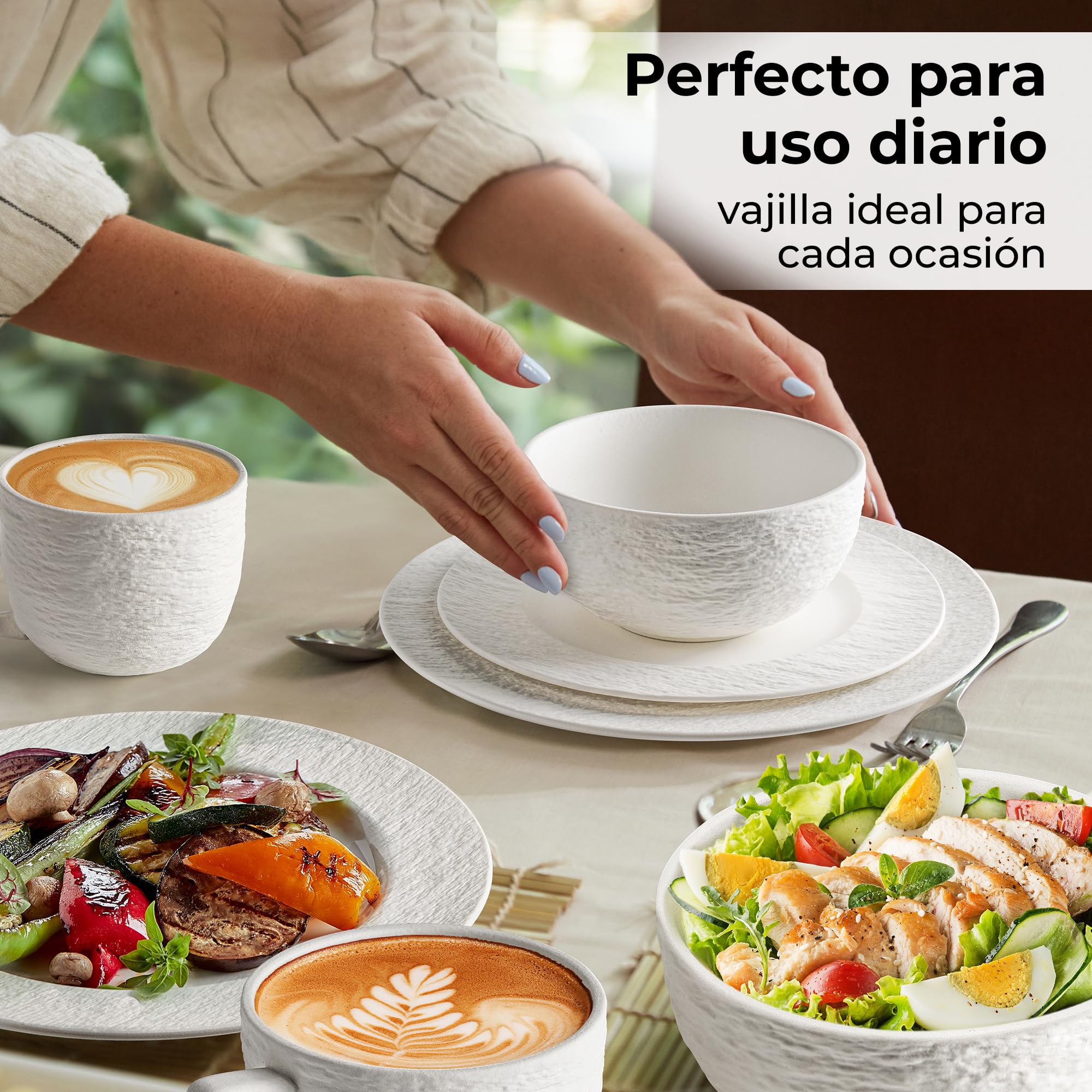 MIAMIO - Vajilla de 16 Piezas Cerámica – Set de Mesa Moderno para 4 Personas – Platos, Cuencos y Tazas en Blanco – Colección Oasis, Apta Lavavajillas y Microondas