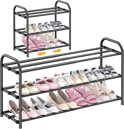 Zapatero expandible de 3 niveles para entrada, organizador de zapatos de metal ajustable para armario, sala de estar, dormitorio, negro