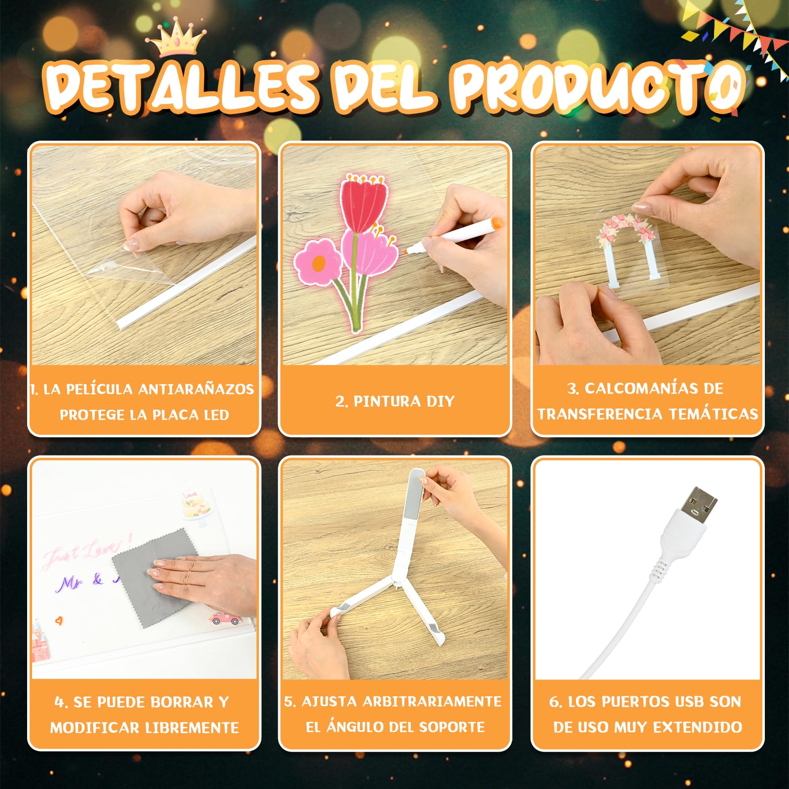 Joellfuner Tablero Acrílico Luminoso con Mensaje LED, Tablero de Mensajes LED, Tablero de Notas LED Limpiable, Luz Nocturna, con Pegatinas de Transferencia, 7 Colores Bolígrafo, para Niños, Adultos