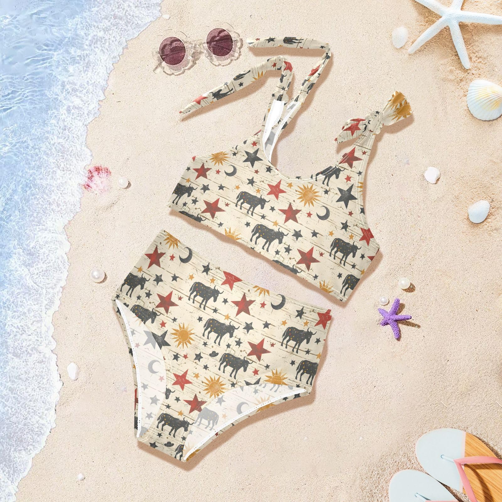 Western Pattern Girls Two Piece Tankini Swimsuits Summer Bathing Suit Beach Swimwear Set, 4T Multicoloured