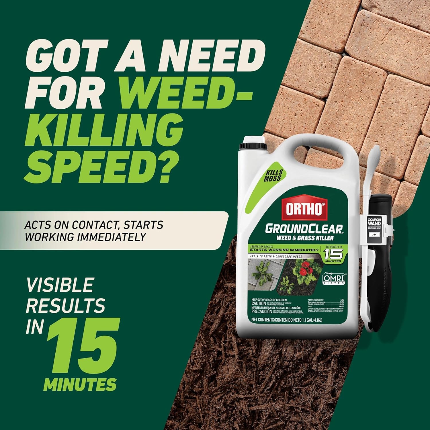 Ortho GroundClear Weed & Grass Killer with Comfort Wand - Kills Dandelions, Chickweed, Crabgrass, Moss & More, OMRI Listed, Ready-to-Use Grass and Weed Killer Spray, 1.1 gal.