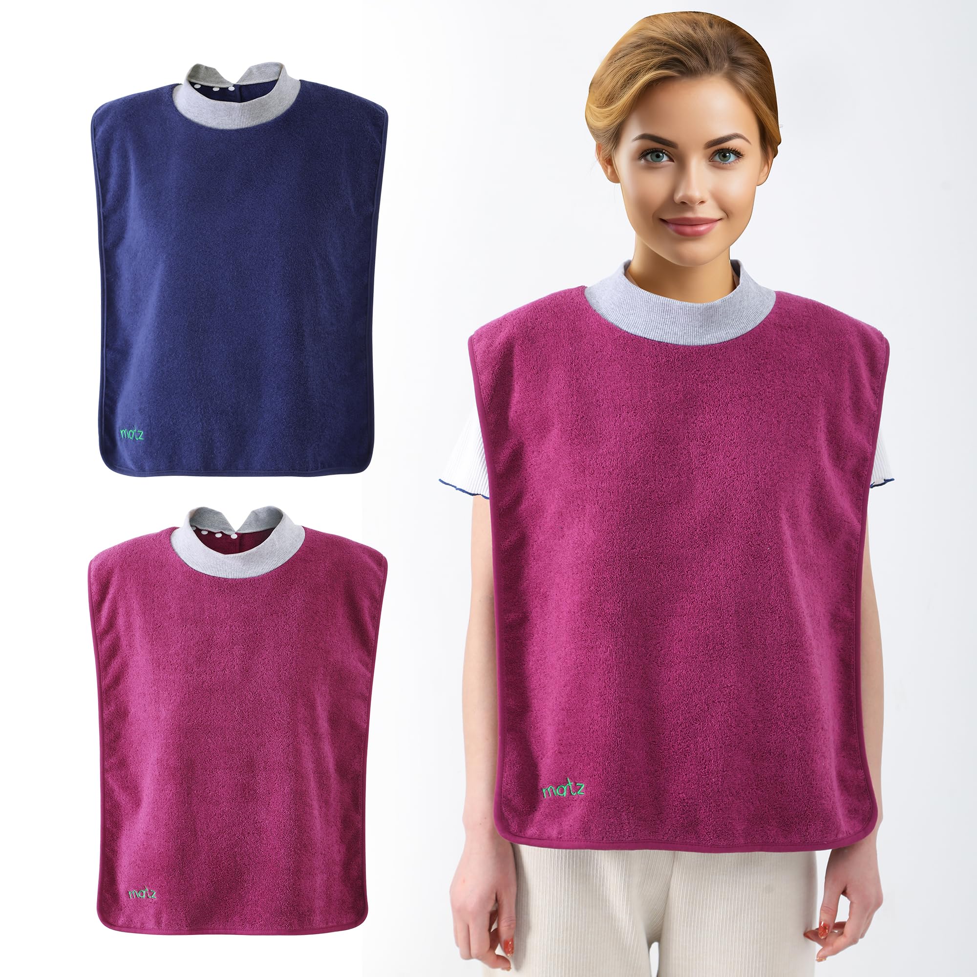MATZ Adult Bibs Full Coverage Ultra Absorbent Four Cotton Terry Towel Snap-on Bibs with Comfortable Ribbed Neck