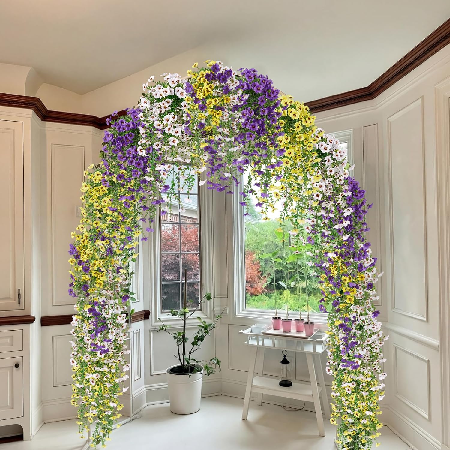 Daifunli 12 Pcs Artificial Hanging Flowers Outdoor Fake Hanging Lavender Flower Ferns Eucalyptus Leaves Fake Plants for Indoor Wall Room Home Garden Porch Wedding Party Spring Decor No Basket(Fresh)