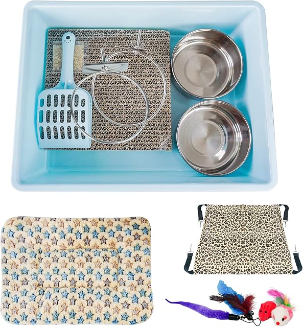 SIVEIS Cat Starter Kit, Cat Kitten Cage Accessories Set for Indoor Cats, Plush Cat Bed Blankets, Stainless Steel Coop Cup, Cat Litter Box, Cat Scratching Pad, Pet Hanging Bed, Cat Toys 11 Pcs