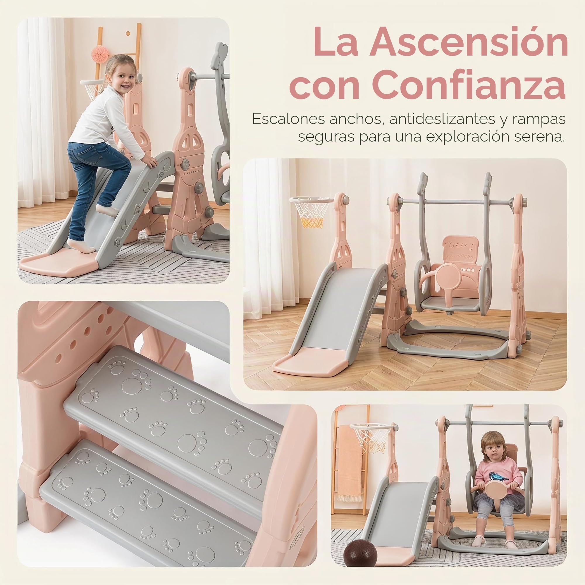 4 en 1 tobogán para niños, tobogán para bebés con anillo de baloncesto, toboganes, escaleras, columpios, tobogán multifunktionale interior y exterior para niños pequeños y preescolares (rosa)