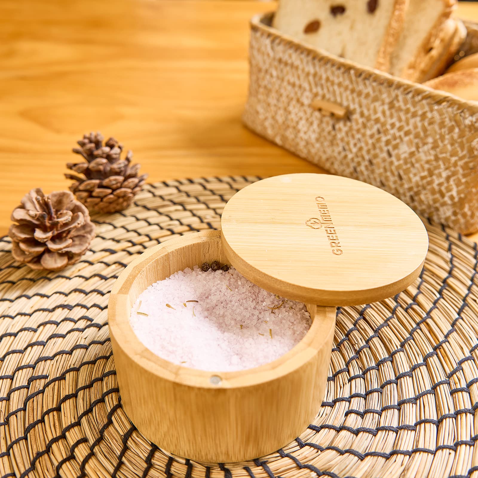 Honeydak Bambus Salzkeller – Mit Magnetischem Drehdeckel & Holzlöffel, 170 Ml, Natur
