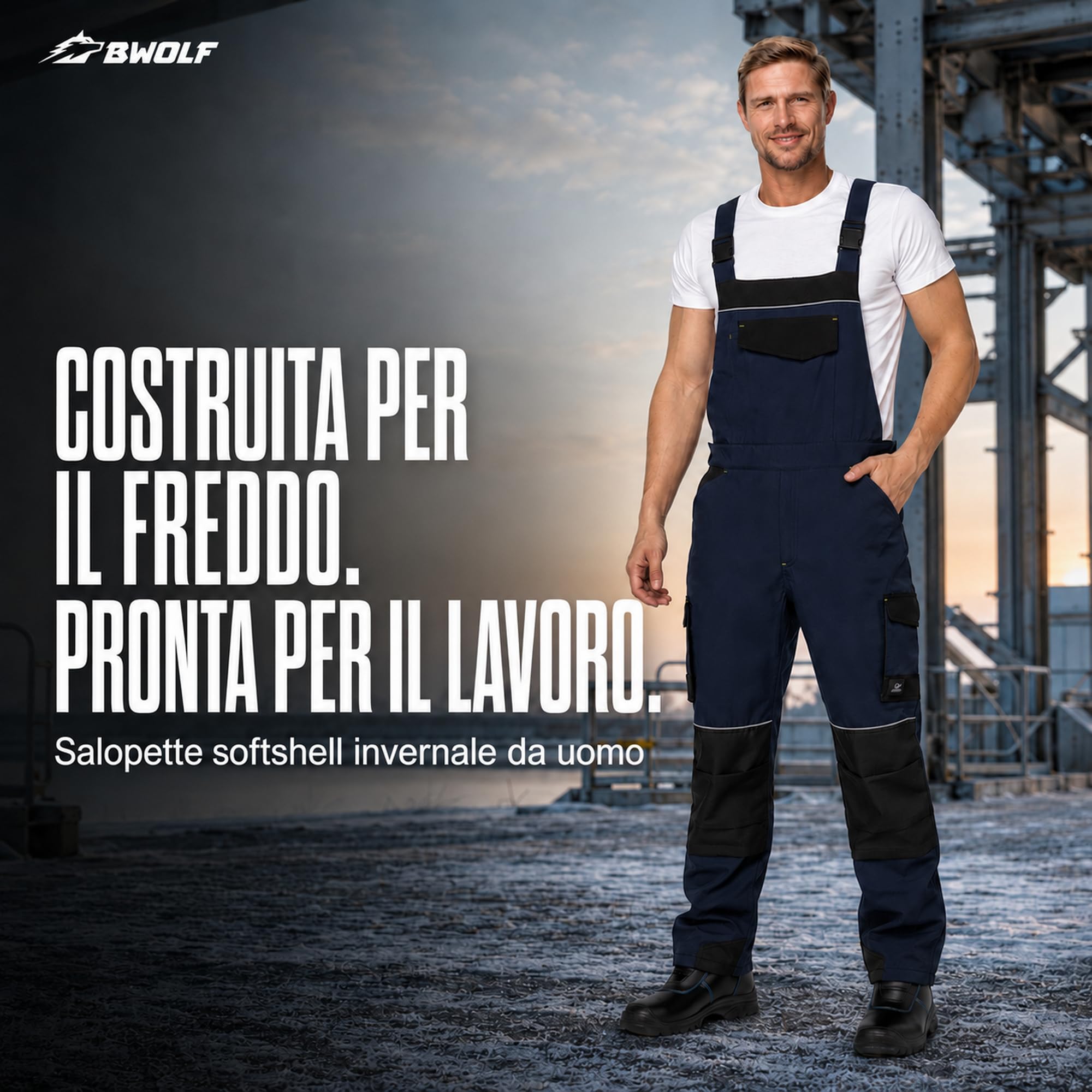 BWOLF DAYTONA ICE Salopette da uomo invernale – Softshell con elastico meccanico, antivento, resistente al freddo e robusto con elementi riflettenti