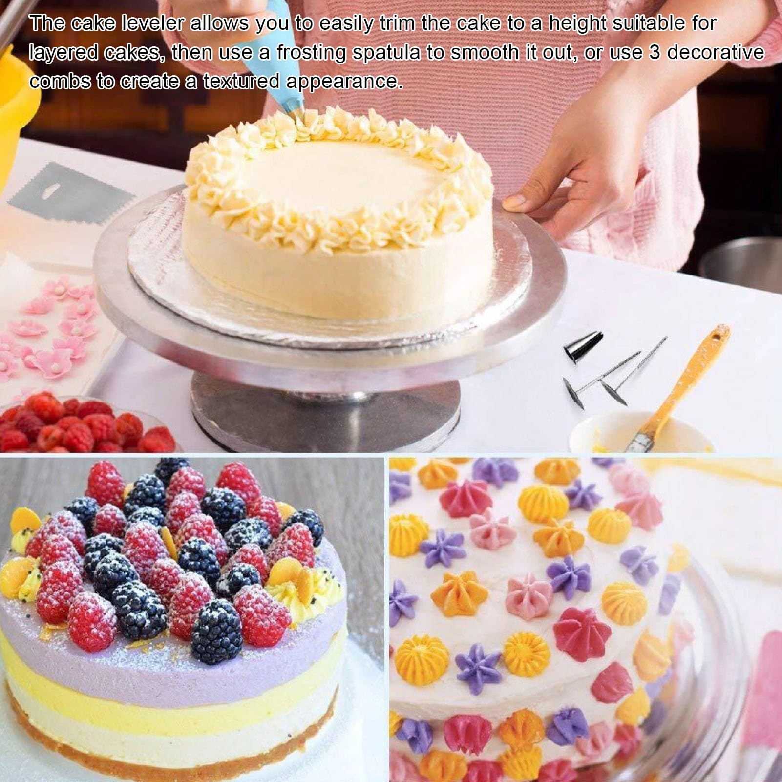 Naroote Tavola Girevole per Torte 12 Pollici con Livellatore, Piattaforma | Materiale in lega di alluminio, Superficie antiscivolo, Sacchetti decorativi riutilizzabili, Ideale per cupcake, Include 22
