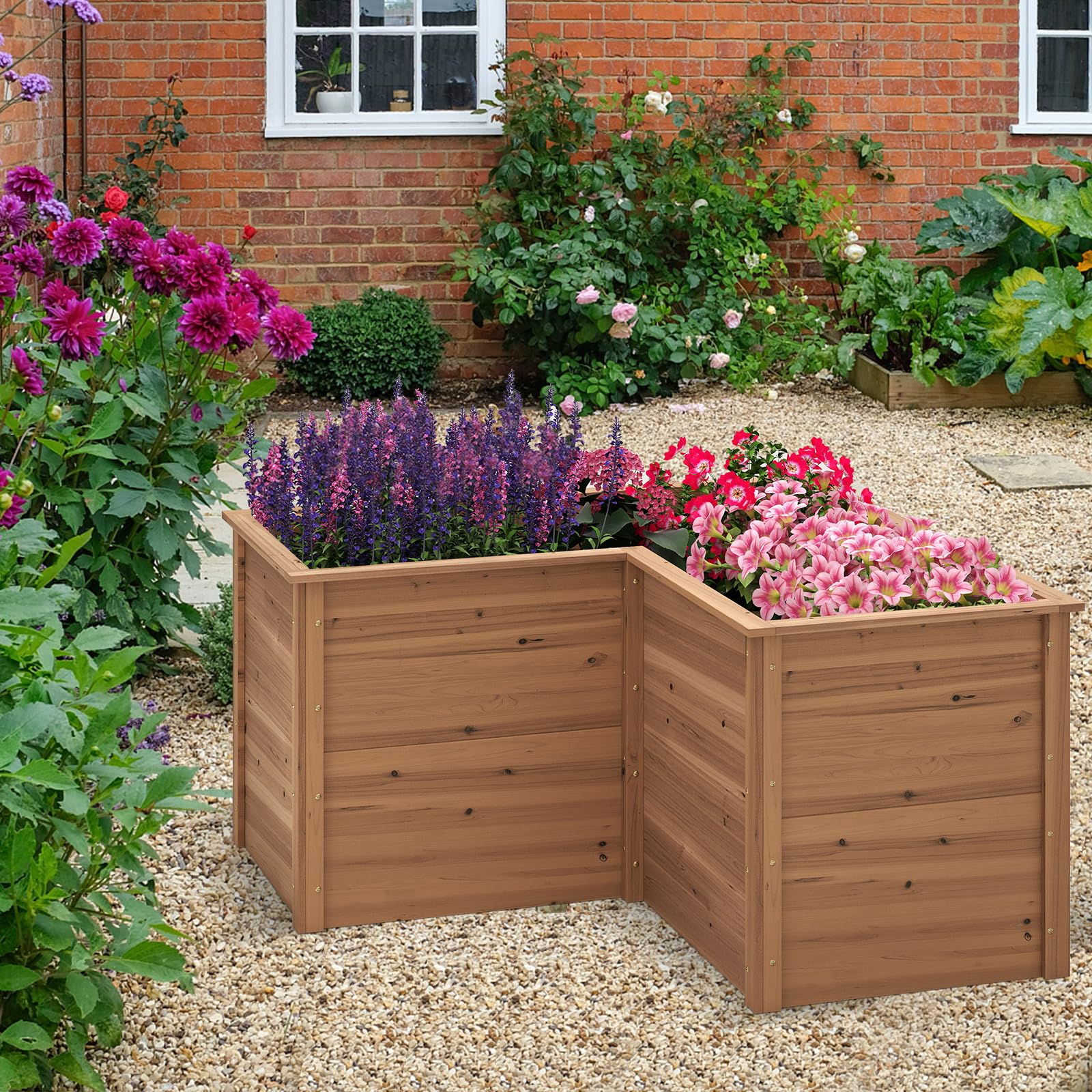 HOMASIS Orto Rialzato da Esterno per Giardino in Legno a Forma di L, Fioriera Rialzata con Fondo Aperto, Vaso per Piante da Giardino, Balcone o Terrazza, Letto per Fiori, Verdure, Erbe (Marrone)