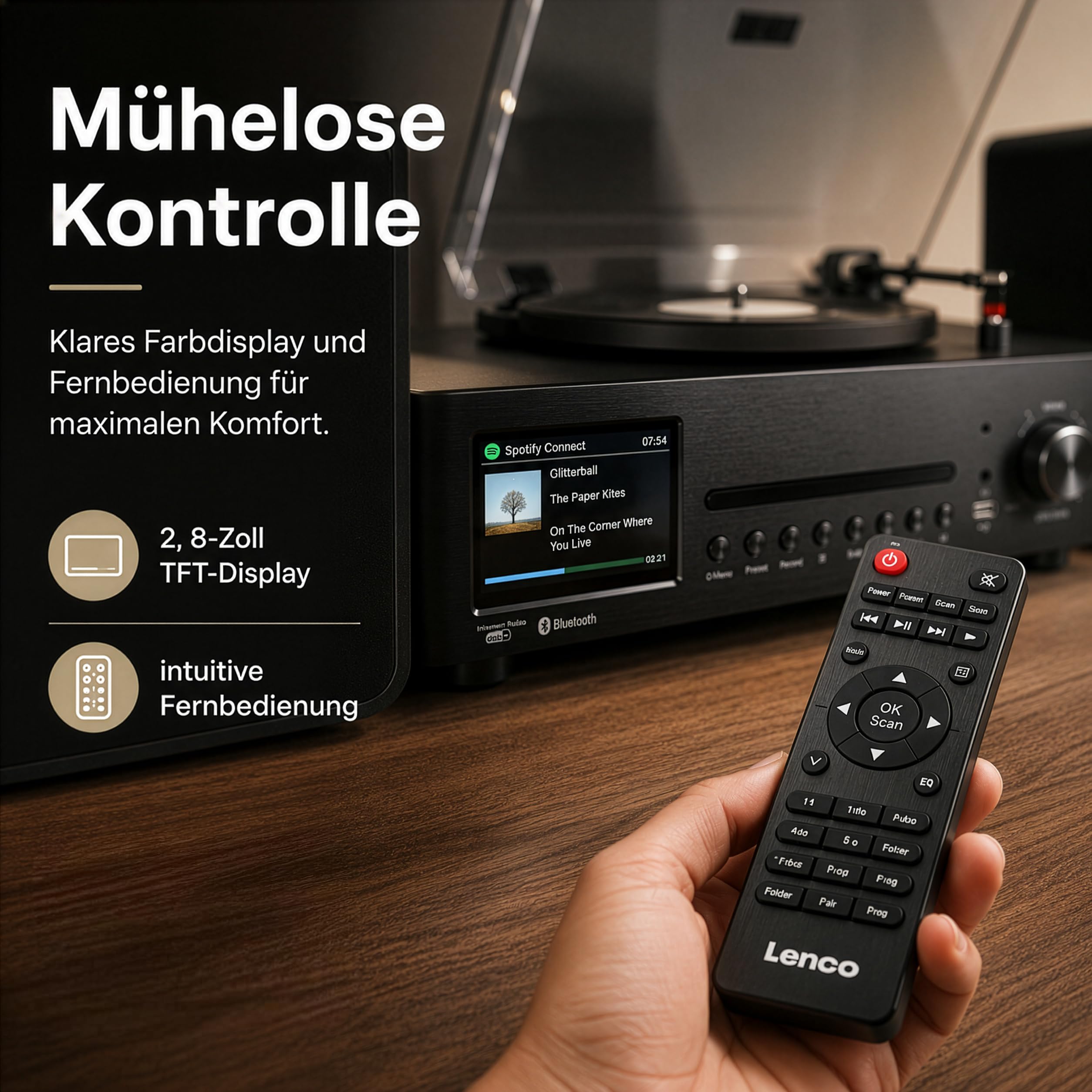 Lenco MC-760BK Plattenspieler mit Lautsprecher - Schallplattenspieler 60 W - Vinyl Player Bluetooth 5.3 - Record Player - DAB+ - Holz/Schwarz