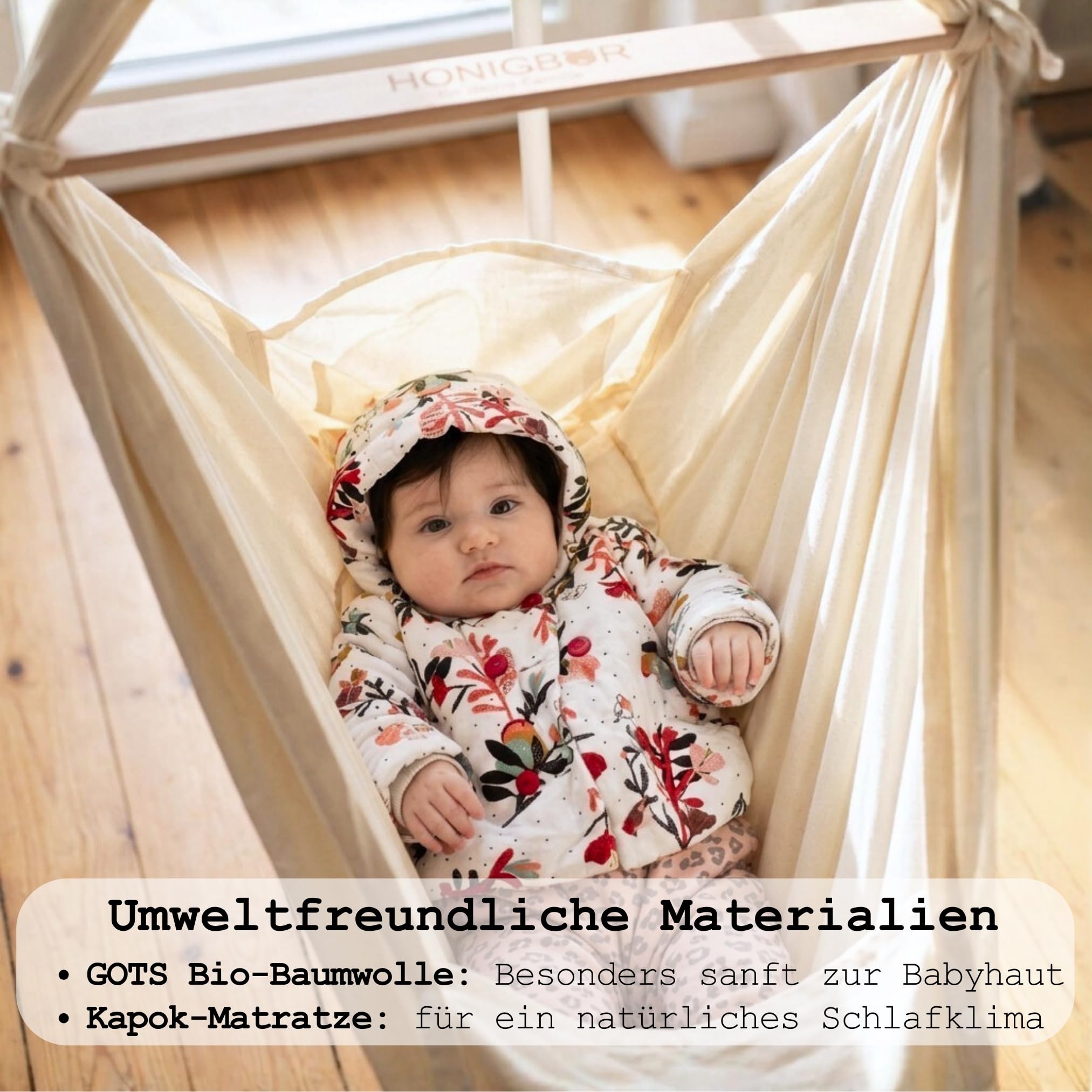 Honigbär Federwiege Set inkl. Standfuß (weiß) – Baby Hängematte TÜV-geprüft bis 40kg – Ergonomisches Nestchen mit Kapok-Matratze – Bio-Baumwolle – Universell motorisierbar - Schlaf wie im Mutterleib