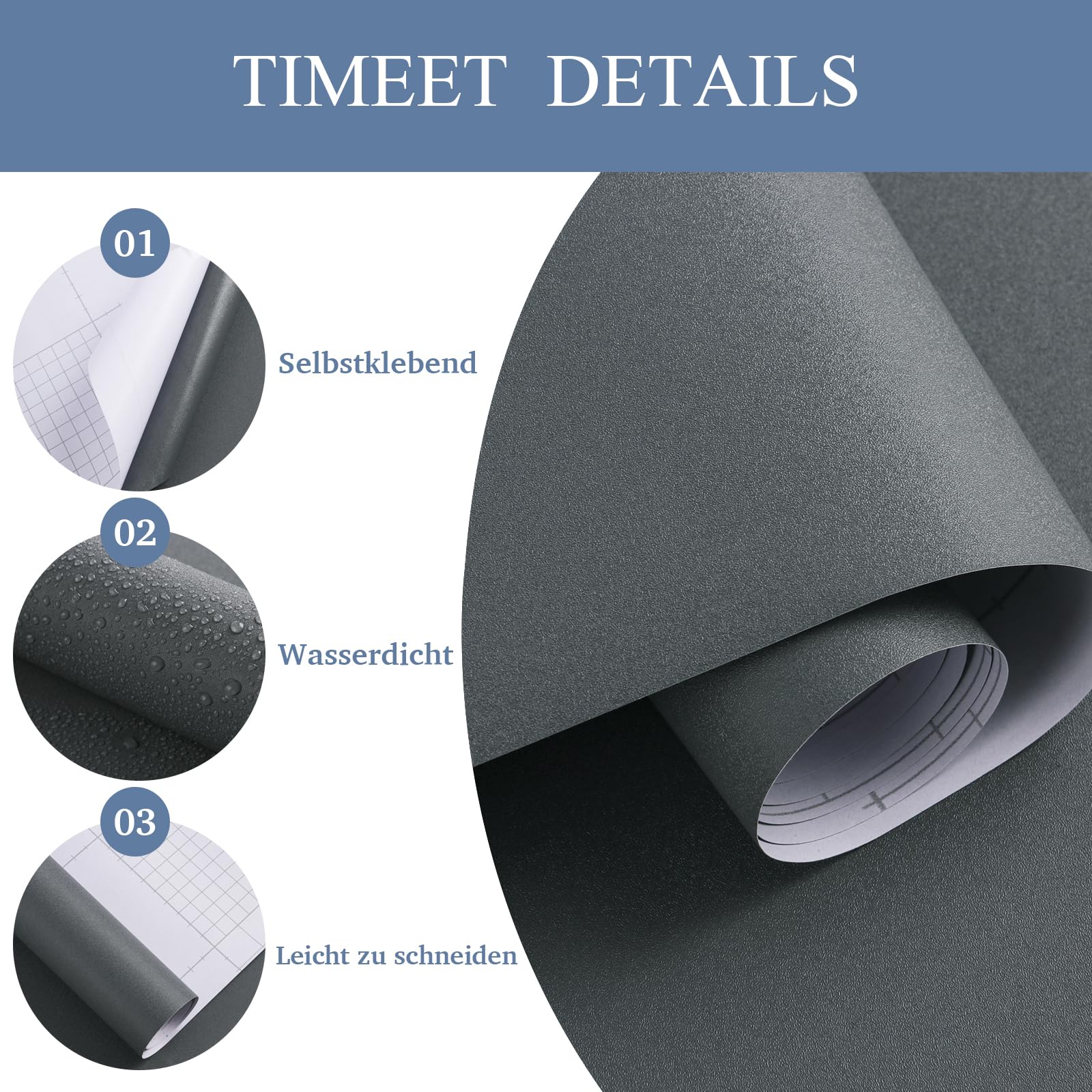 Timeet Pellicola adesiva per cucina grigio opaco, pellicola autoadesiva per mobili, grigio scuro, 60x1000cm, impermeabile, adesivo per mobili, pellicola autoadesiva in vinile per mobili, piano di