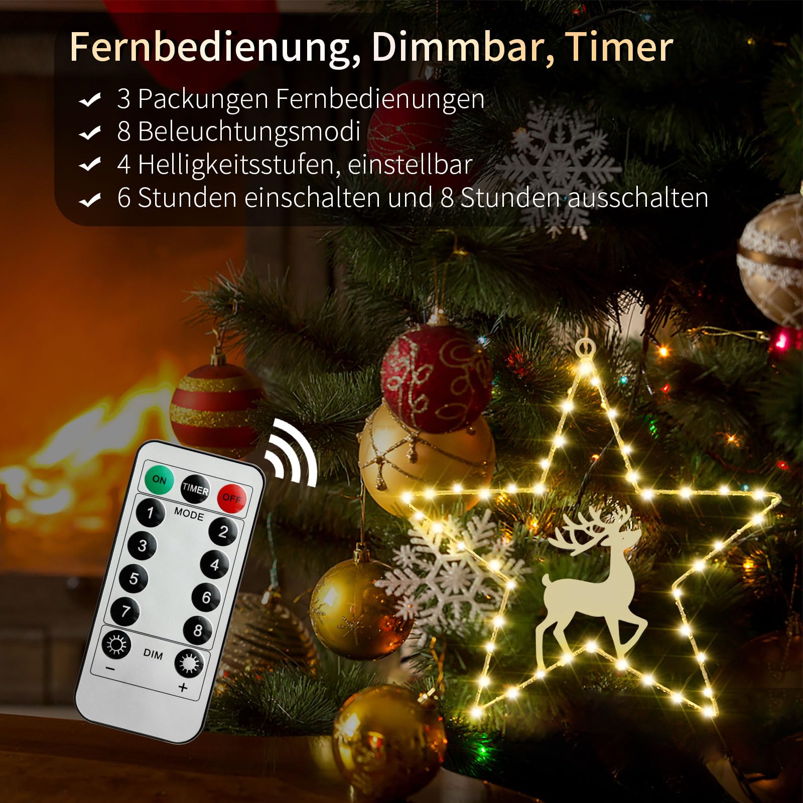 Catena luminosa con stelle decorative natalizie, 3 pezzi, 45 LED, funzionamento a batteria, illuminazione natalizia con timer, luci natalizie, decorazione per finestre, balcone, bianco caldo