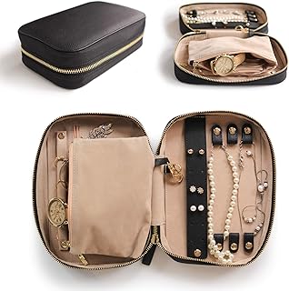 Black Large Jewelry Travel Case Organizer for Necklaces, Earrings, Bracelets - Removable Travel Pouch and Full-Grain Scrat...