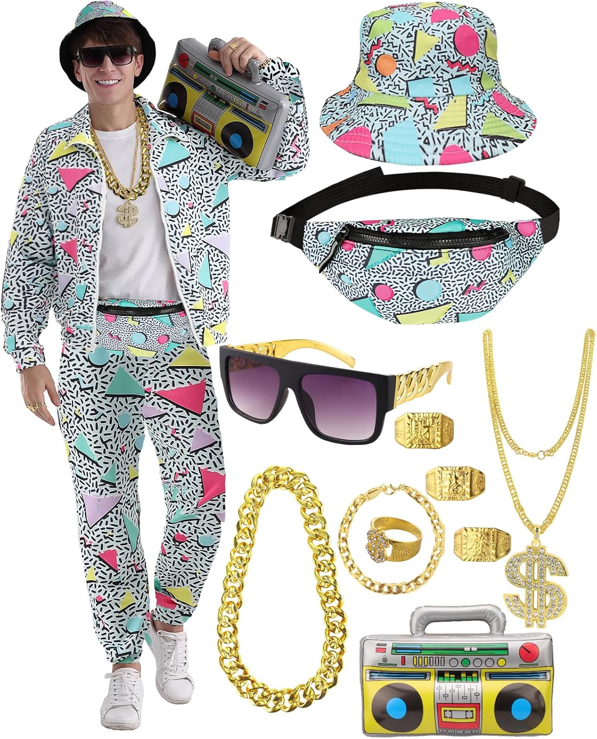 VillbeCoser 80s 90s Outfit for Men Tracksuit Costume, Hip Hop Hat Fanny Pack Ring Bracelet Gold Chain Rapper Sportswear