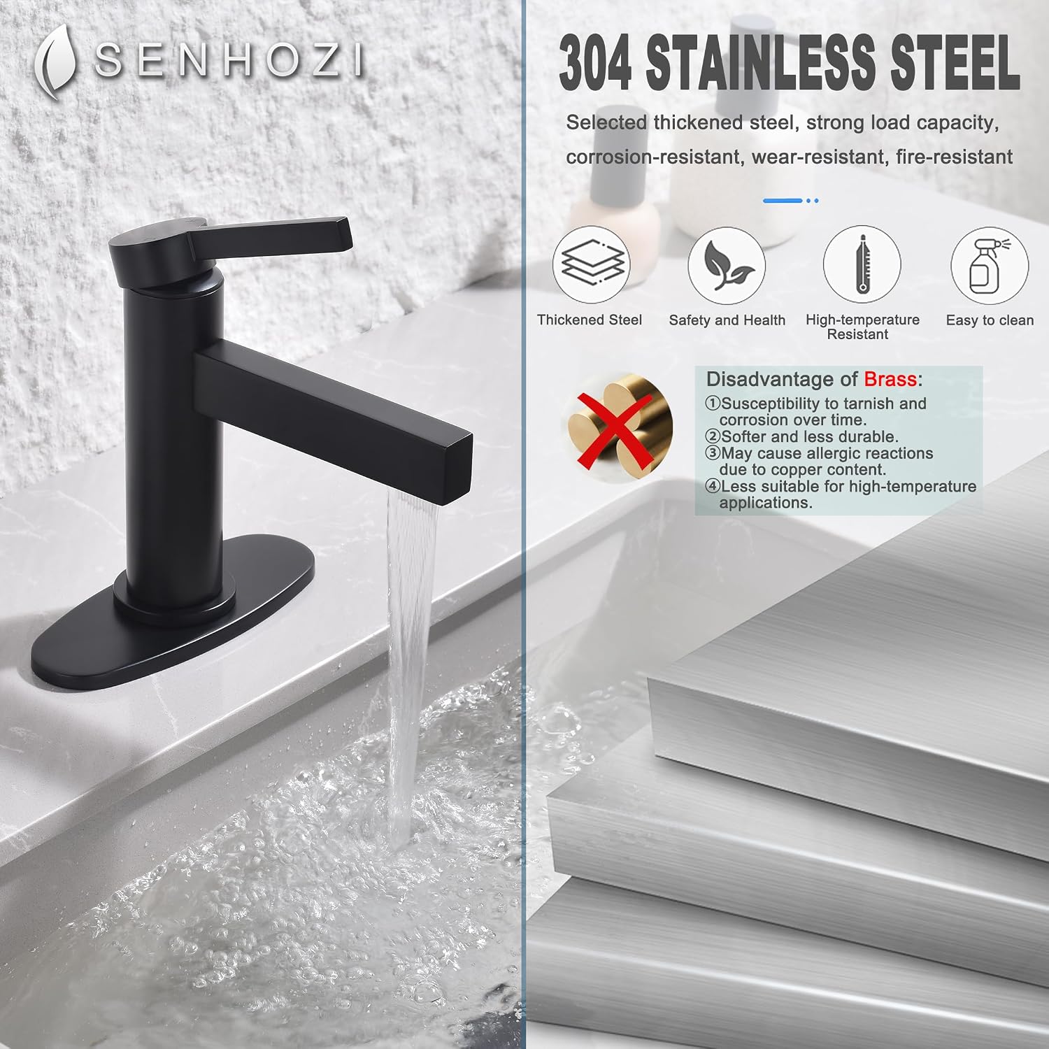 Matte Black Bathroom Faucet for Sink 1 Hole, Single Hole Bathroom Faucet with Optional 6 Inch Deck Plate & Pop-Up Drain, Black Bathroom Faucet 1 Hole, SE-1016-BK