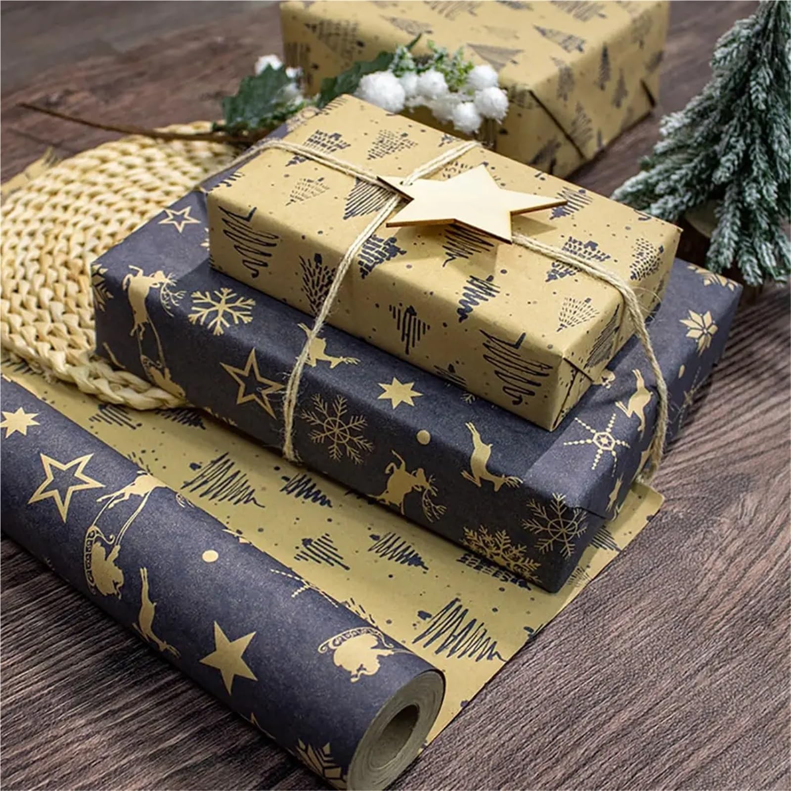 Geschenkpapier 1 Rolle Weihnachtspapier, braunes Kraftpapier, 17 Zoll x 33 Fuß