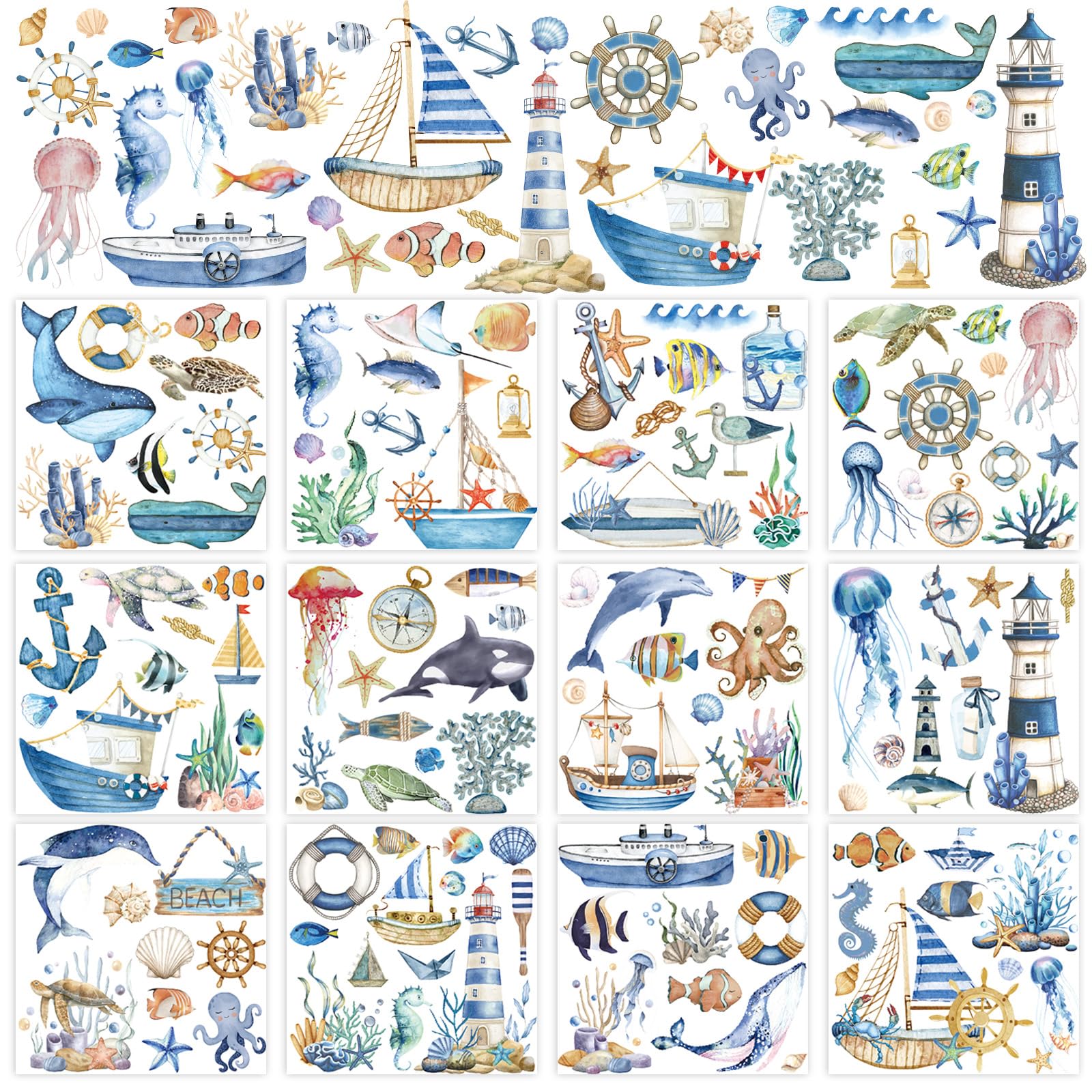 Décalcomanies aquarelle haut de gamme aux motifs de bateaux et faune marine pour l'art du DIY