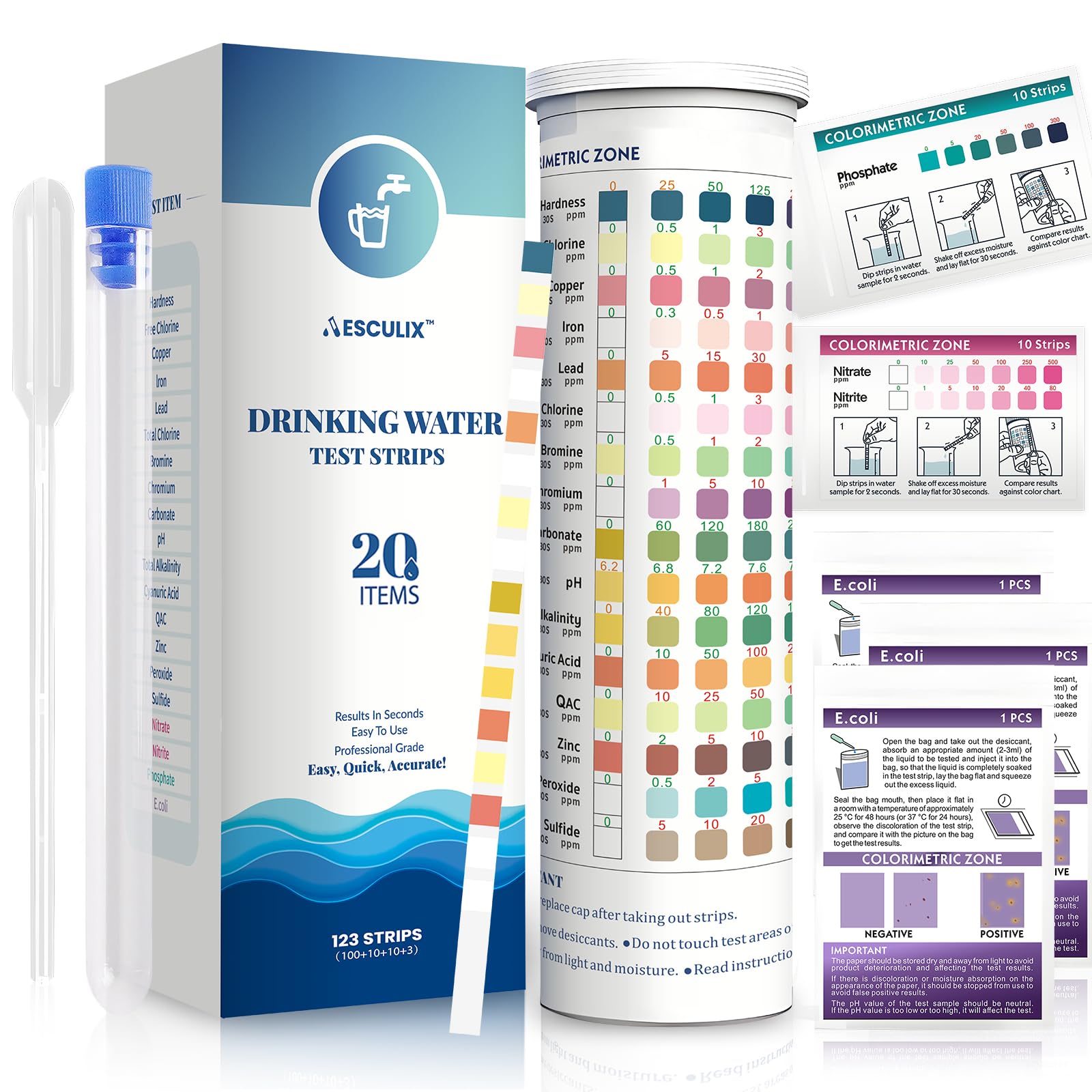 20 in 1 Water Tester for Drinking Water, Well Water Testing Kit, Suitable for Household Tap Water, Natural Water Quality Testing, Can Detect Water Hardness, Chlorine, Lead, Ph, Etc. (123 Test Strips)