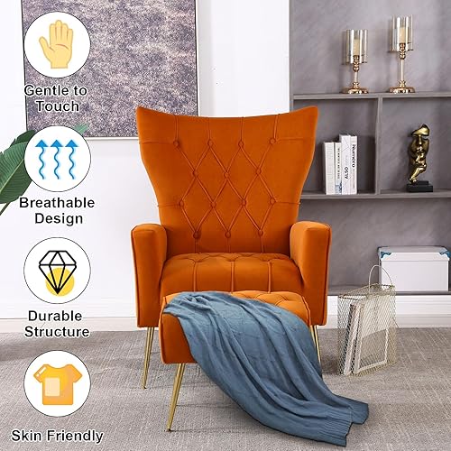 Miniatura 5 de Silla decorativa de terciopelo con otomana, moderno sofá con reposabrazos y respaldo ajustables, juego de sillón y reposapiés con botones, sillón