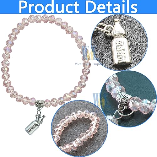 Miniatura 3 de WE Pulsera elástica de cristal rosa para baby shower con dije de biberón (12 piezas)