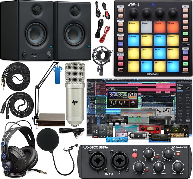 PreSonus AudioBox 96 Audio Interface Full Studio Bundle Includes Software Kit, ATOM MIDI Pad Controller, Eris 3.5 Pair Monitors, and Adjustable Suspension Boom Arm + HD7 Headphones