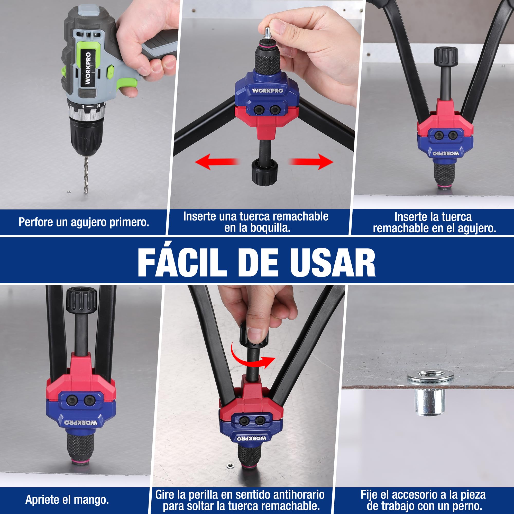 WORKPRO Herramienta de tuerca de remache, kit de herramientas de remache de 16 pulgadas con 11 mandriles métricos y SAE, juego de herramientas de remache manual con 185 remaches, remachadora manual de | de 16 pulgadas con 11 mandriles métricos y SAE, jueg