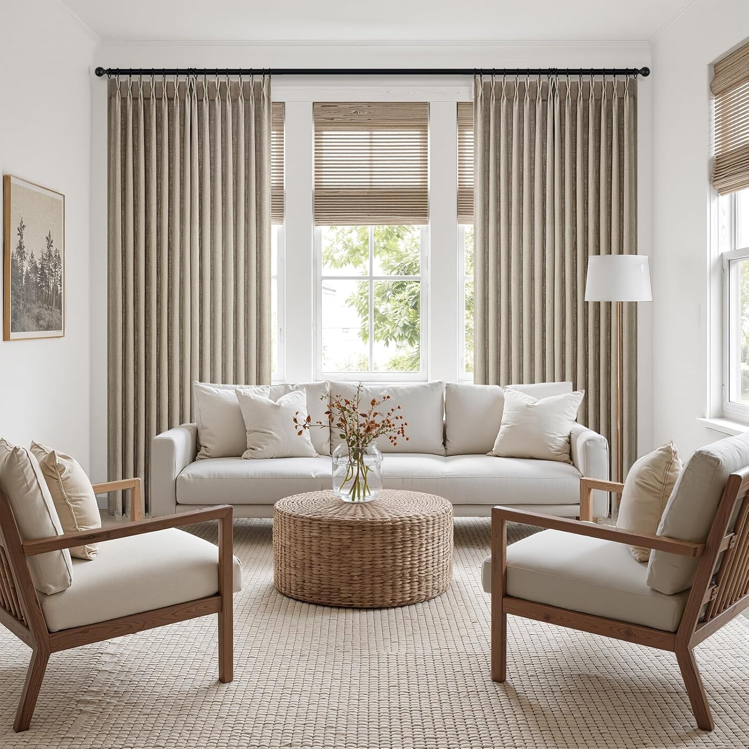 Burlap Flax linen Curtains Pinch Pleated 84 Inch Long 2 Panels for Living Room Bedroom Taupe Thick Linen Textured Semi Sheer Rustic Farmhouse Back Tab Pleat Drapes With Hooks Floor to Ceiling Curtains