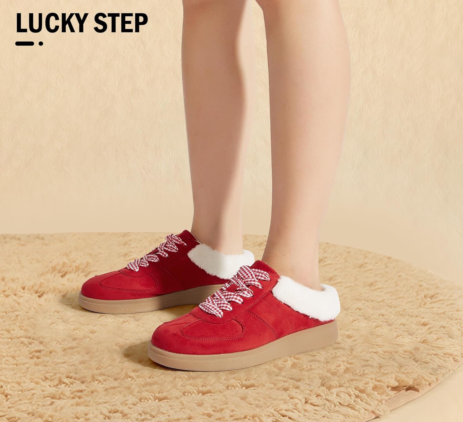 LUCKY STEP Women's Mule Fashion Sneakers Fur Lined Classic Retro Casual Shoes Slip On Backless Comfy Winter Tennis Walking Anti Slip Sneaker - Image 8