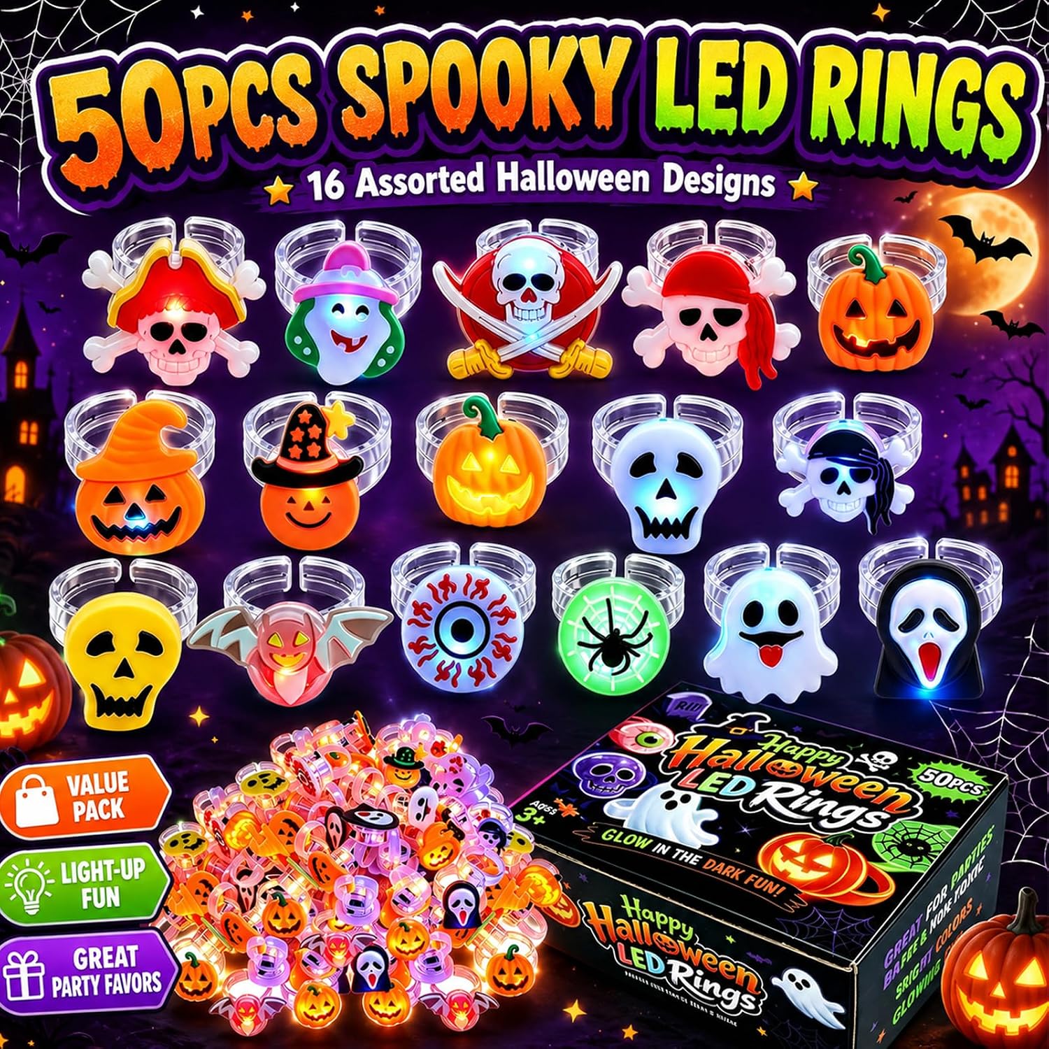 Halloween LED Rings Set, Light Up Rings 50 Pcs, Halloween Party Favors