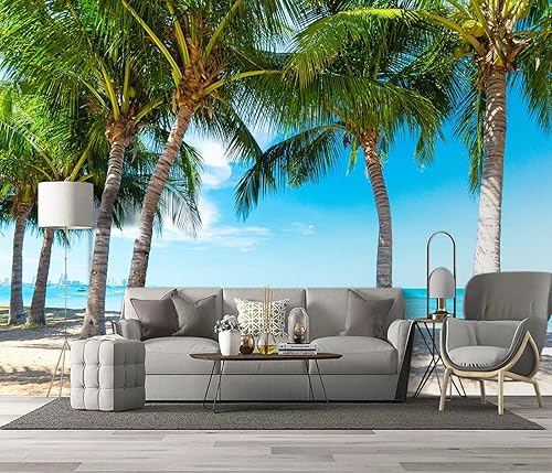 Miniatura 2 de Decoración de pared de playa, papel tapiz de playa con palmeras tropicales, murales de océano, murales de playa para paredes, oficina, sala de